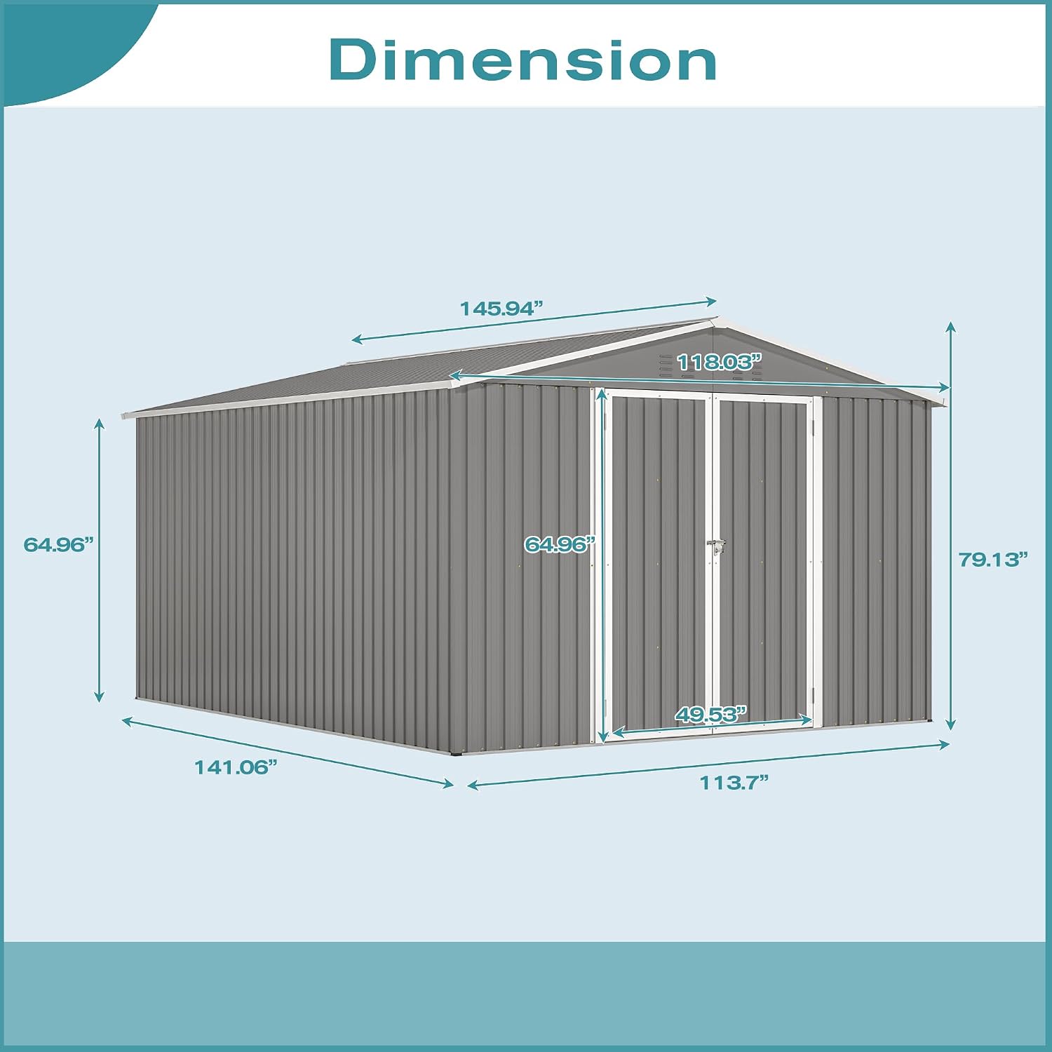 10 x 12 ft. Outdoor Storage Shed with Floor Frame Kit, Galvanized Steel Garden Shed, Metal ShedsGarden Tool Shed with Double Lockable Doors for Backyard Patio Lawn, Gray