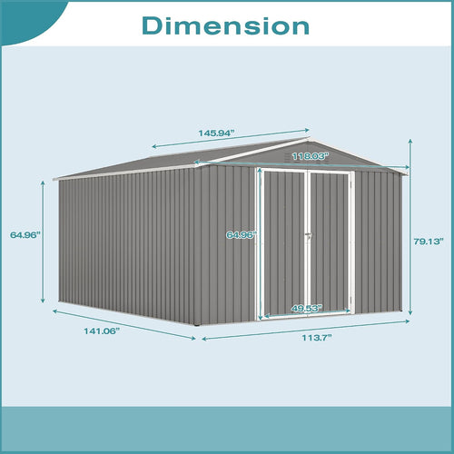 10 x 12 ft. Outdoor Storage Shed with Floor Frame Kit, Galvanized Steel Garden Shed, Metal ShedsGarden Tool Shed with Double Lockable Doors for Backyard Patio Lawn, Gray