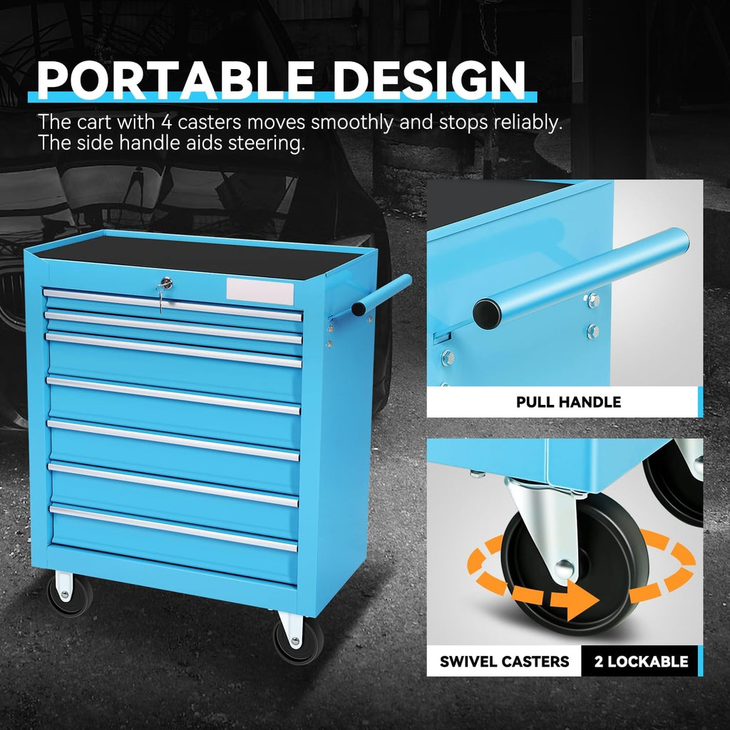 Auto Dynasty 7-Drawer Heavy-Duty Rolling Tool Trolley Tray with Ball-Bearing Slides, Corrosion-Resistant Finish, and Swivel Casters for Ultimate Workshop Organization