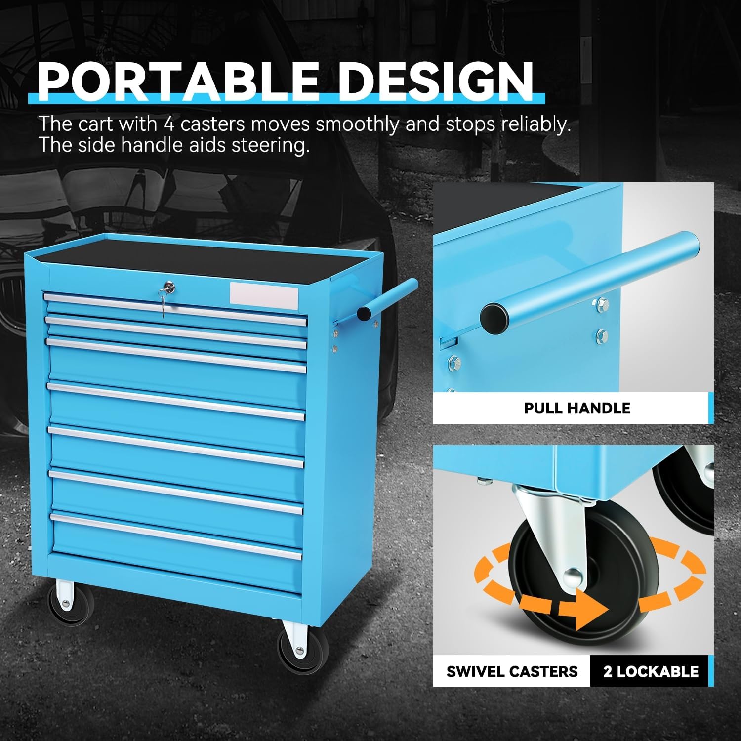 Auto Dynasty 7-Drawer Heavy-Duty Rolling Tool Trolley Tray with Ball-Bearing Slides, Corrosion-Resistant Finish, and Swivel Casters for Ultimate Workshop Organization