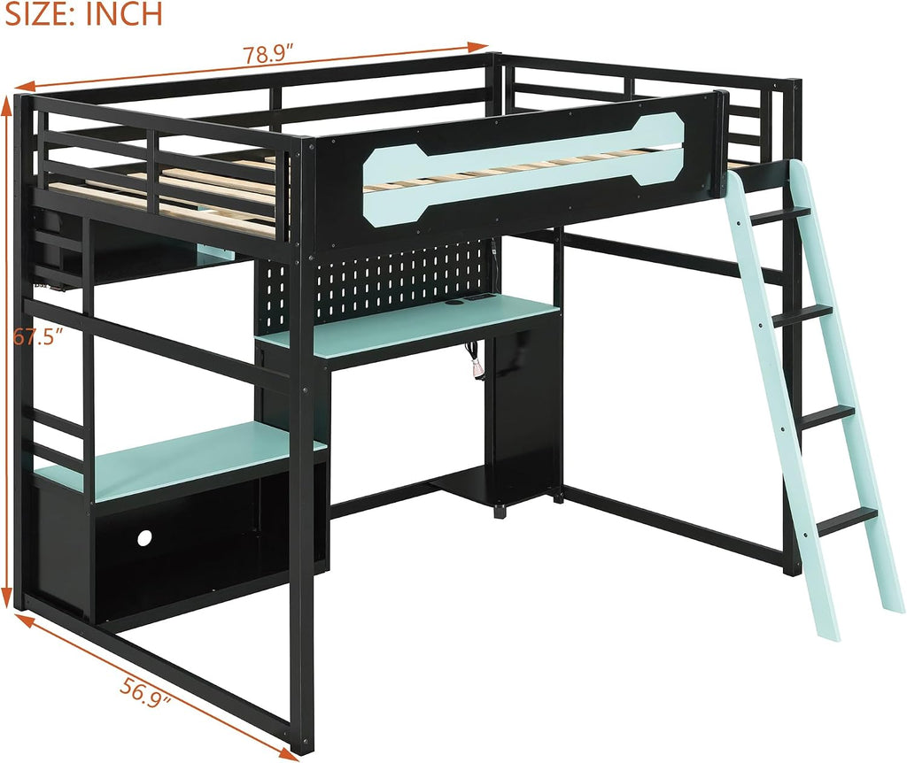 Harper & Bright Designs Full Size Wood Gaming Loft Bed with Desk and Storage Shelves, Modern Low Loft Bed Frame with LED Lights, USB Ports and Pegboard for Kids Teens Adults, Black+Blue