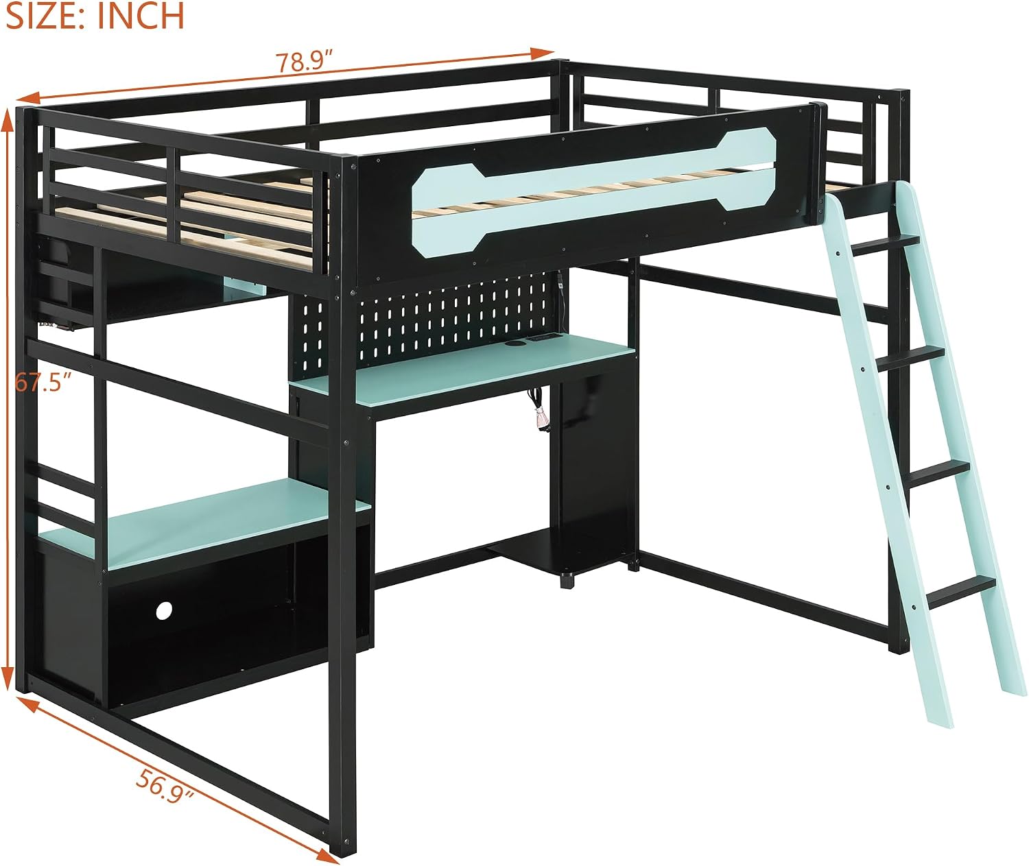 Harper & Bright Designs Full Size Wood Gaming Loft Bed with Desk and Storage Shelves, Modern Low Loft Bed Frame with LED Lights, USB Ports and Pegboard for Kids Teens Adults, Black+Blue