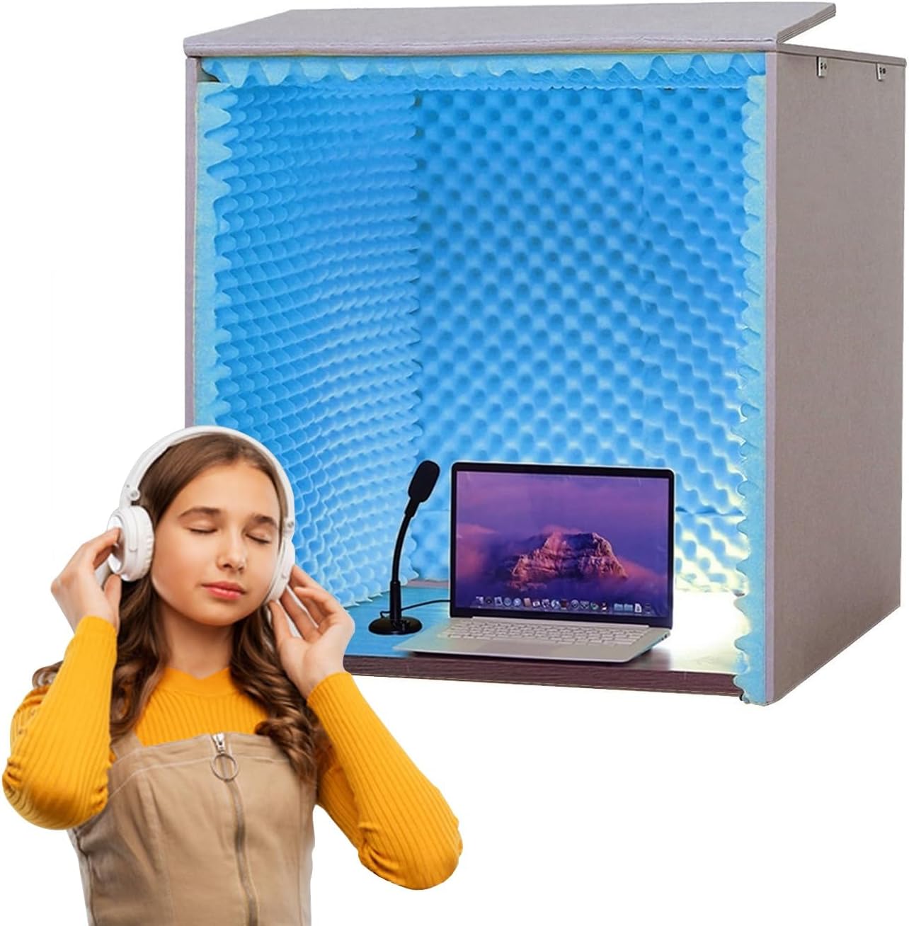 Desktop Soundproof Cover, 80*80*80CM Portable Soundproof Booth Recording Vocal Booth Box Isolation Shield for Microphone Recording Equipment Podcasts Singing Gaming and Broadcasting ( Color : Blue )