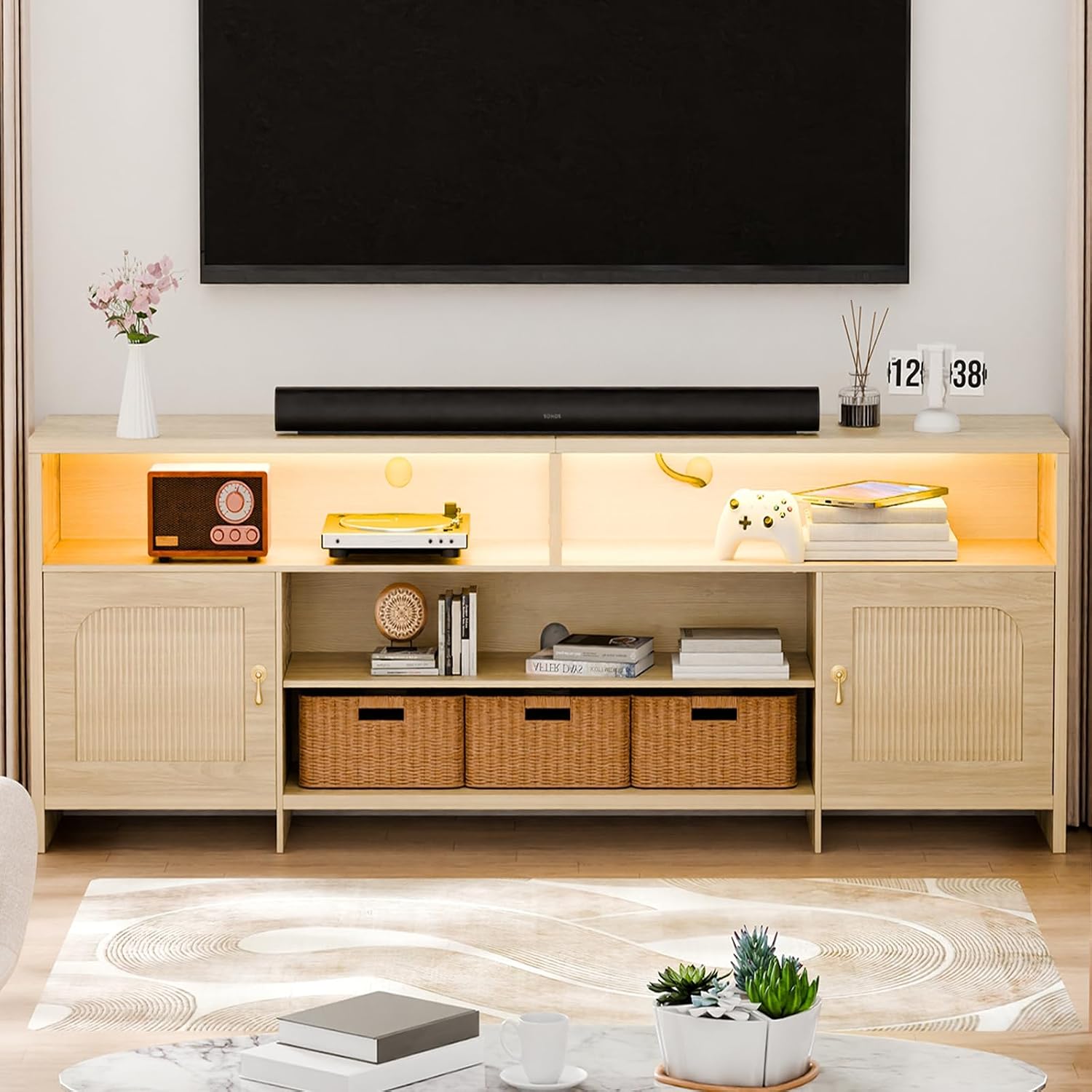 Fluted TV Stands for Living Room, 70' Mid-Century Modern Entertainment Center with LED Lights and Open Storage Shelves, Curved TV Media Console (Natural Oak)