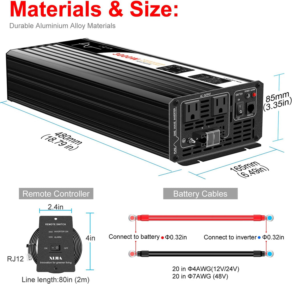 Xijia 3000W Pure Sine Wave Inverter 12V DC to 120V AC Converter for Home, RV, Truck, Off-Grid Solar Power 110V with Smart Bluetooth App Remote Control