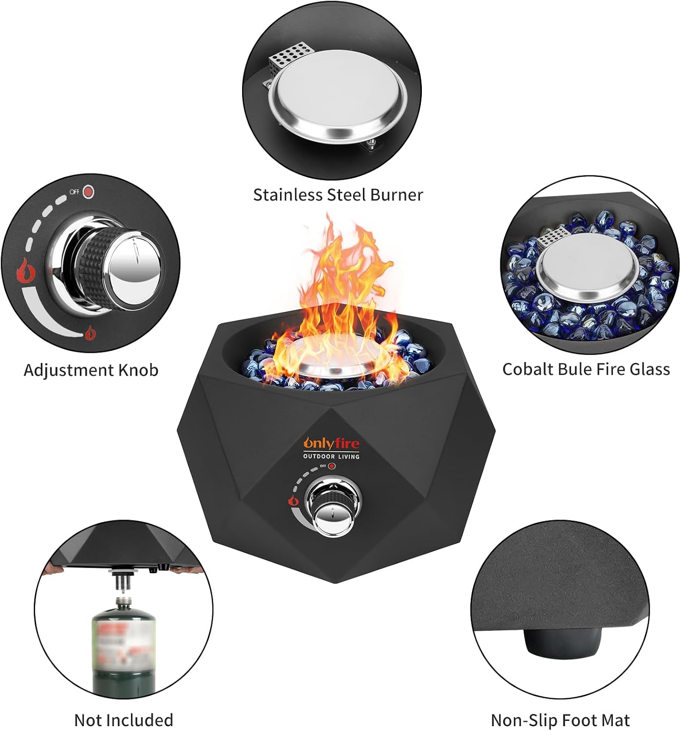 14' Modern Tabletop Fire Pit for Table with Umbrella Hole, Portable Gas Firepit for 1lb Propane Gas, Patio Backyard Porch Camping RV Tailgating, Bottom-Mounted FP003