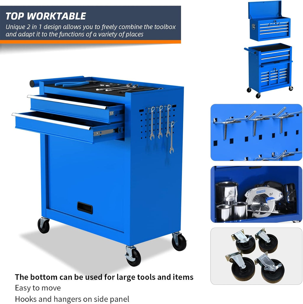 8-Drawer Rolling Tool Box, Lockable Rolling Tool Chest with Wheels and Drawers, 2 in 1 Large Capacity Storage Tool Cabinet for Warehouse, Garage, Tool Room and Repair Shop (Blue)