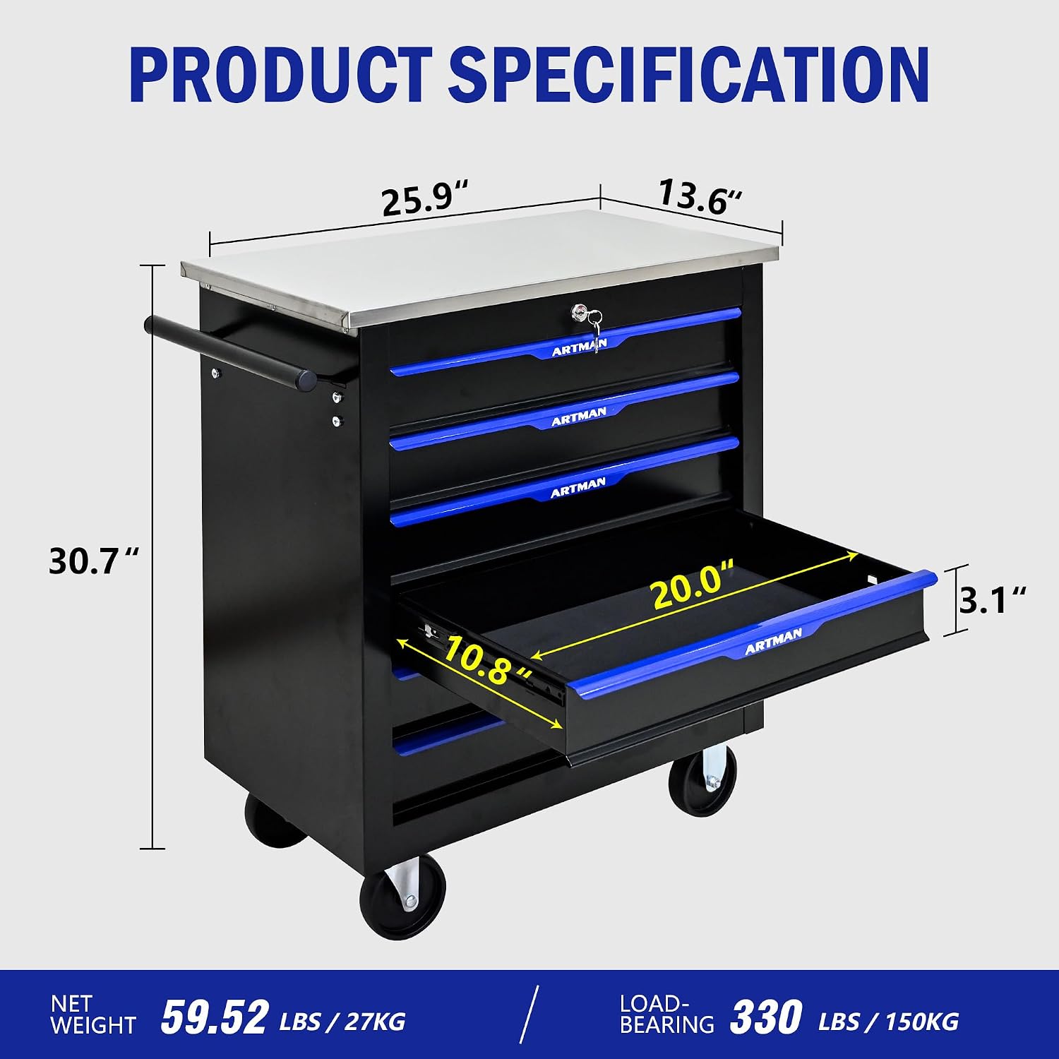6 Drawers Rolling Tool Box on Wheels, Stainless Steel Countertop Multifunctional Tool Chest Cabinet with Lock, Drawers Rolling Tool Cart Trolley Organizer Tool Storage Case for Garage,Warehouse