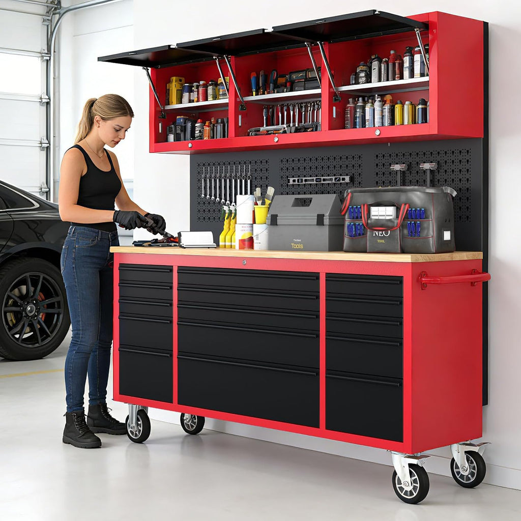 AIRAJ 72-inch Rolling Tool Chest,Garage Workbench with 15 Storage Drawers,Heavy-Duty Tool Cabinet on Wheels with Solid Rubber Wood Top,3 Upper Cabinet,Pegboard & Power Strip for Tool Organization