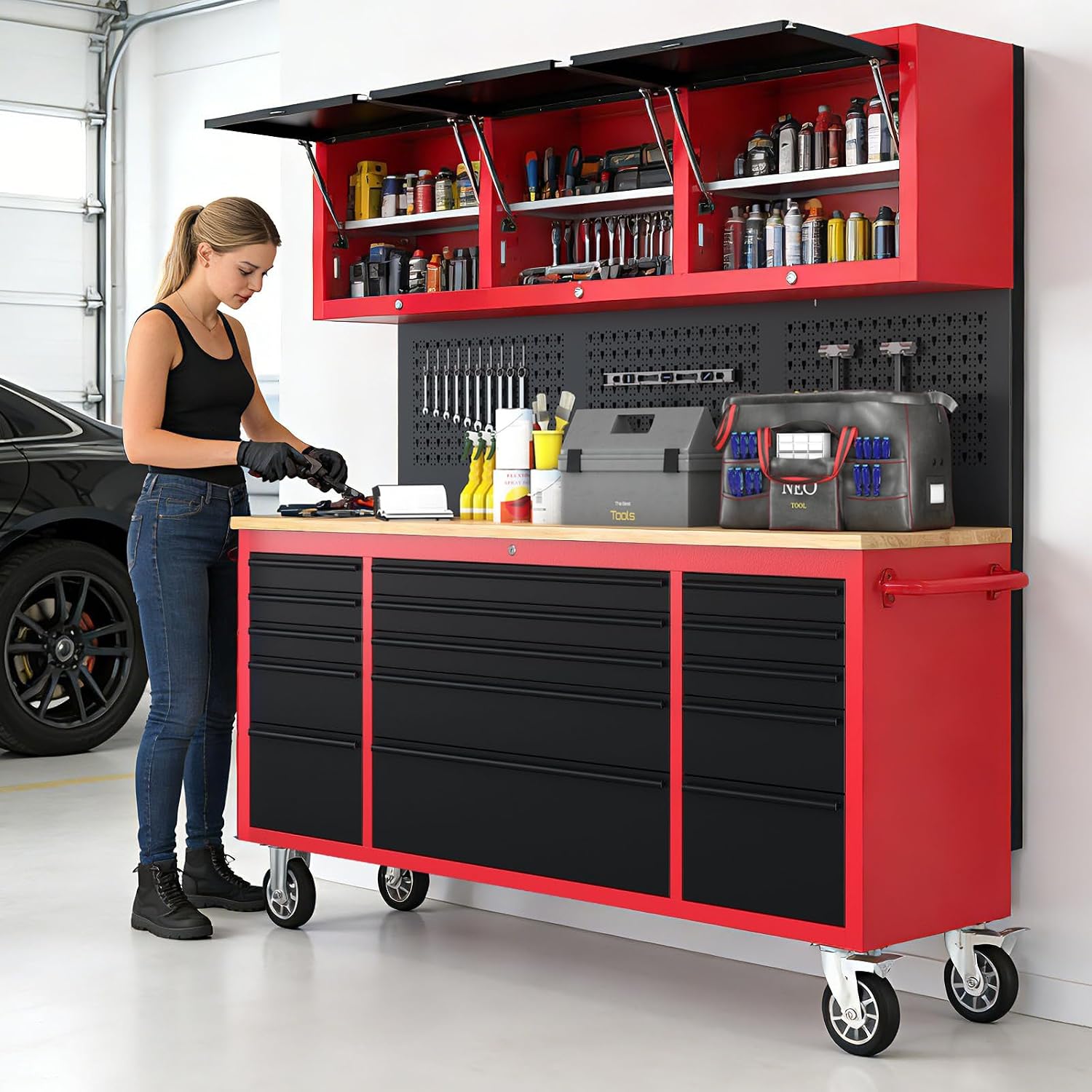 AIRAJ 72-inch Rolling Tool Chest,Garage Workbench with 15 Storage Drawers,Heavy-Duty Tool Cabinet on Wheels with Solid Rubber Wood Top,3 Upper Cabinet,Pegboard & Power Strip for Tool Organization