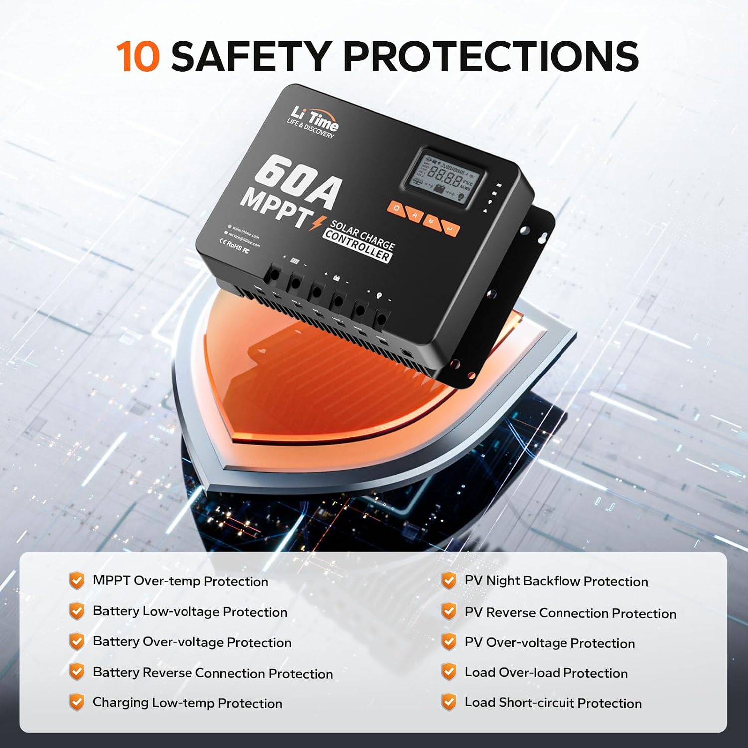 LiTime MPPT Solar Charge Controller (Bluetooth) - Solar Panel Regulator -150V, 60Amp, 12/24/36/48Volt for LiFePO4 and Lead-Acid Battery in Solar System