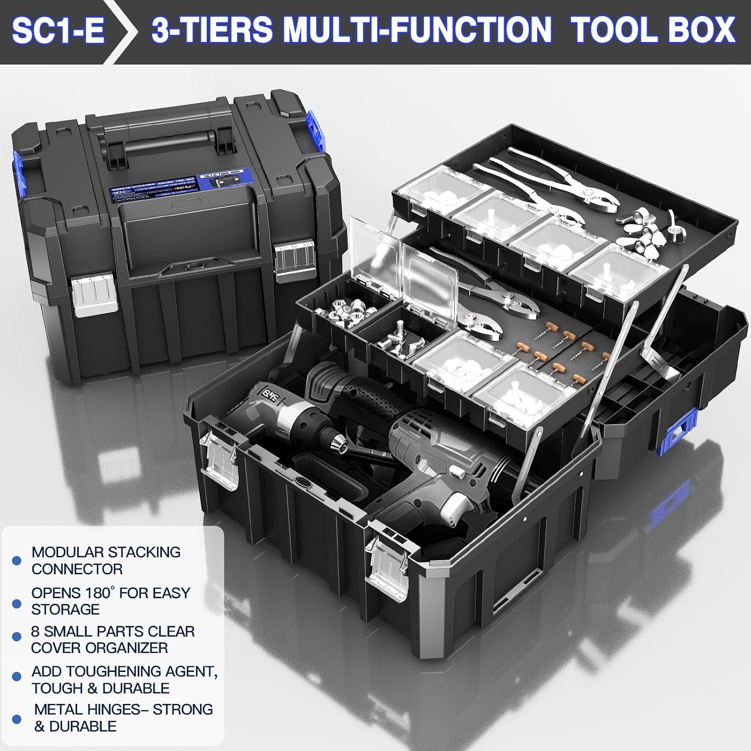 4 Tier Stackable Rolling Tool Box with Wheels | Modular Tool Organizer Box Storage System | Portable Tool Box with Drawers | Tough and Durable | For Garage Storage | Home Repairs | Professional Work