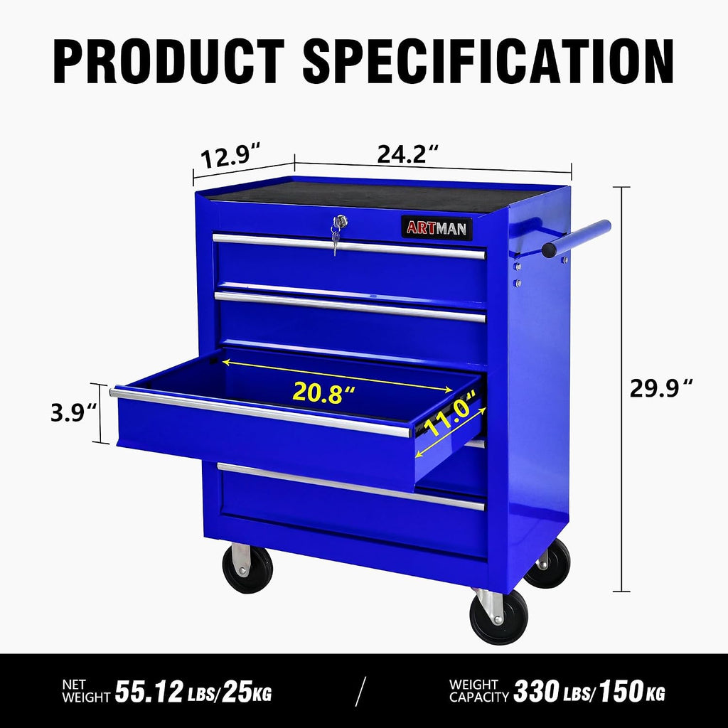 5 Large Drawers Rolling Tool Cart on Wheels, Trolley Organizer Tool Case Chest, Multifunctional Storage Tool Box for Workshop, Garage, Warehouse, Repair Shop (24.2' W×12.9' D×29.9' H-Blue)