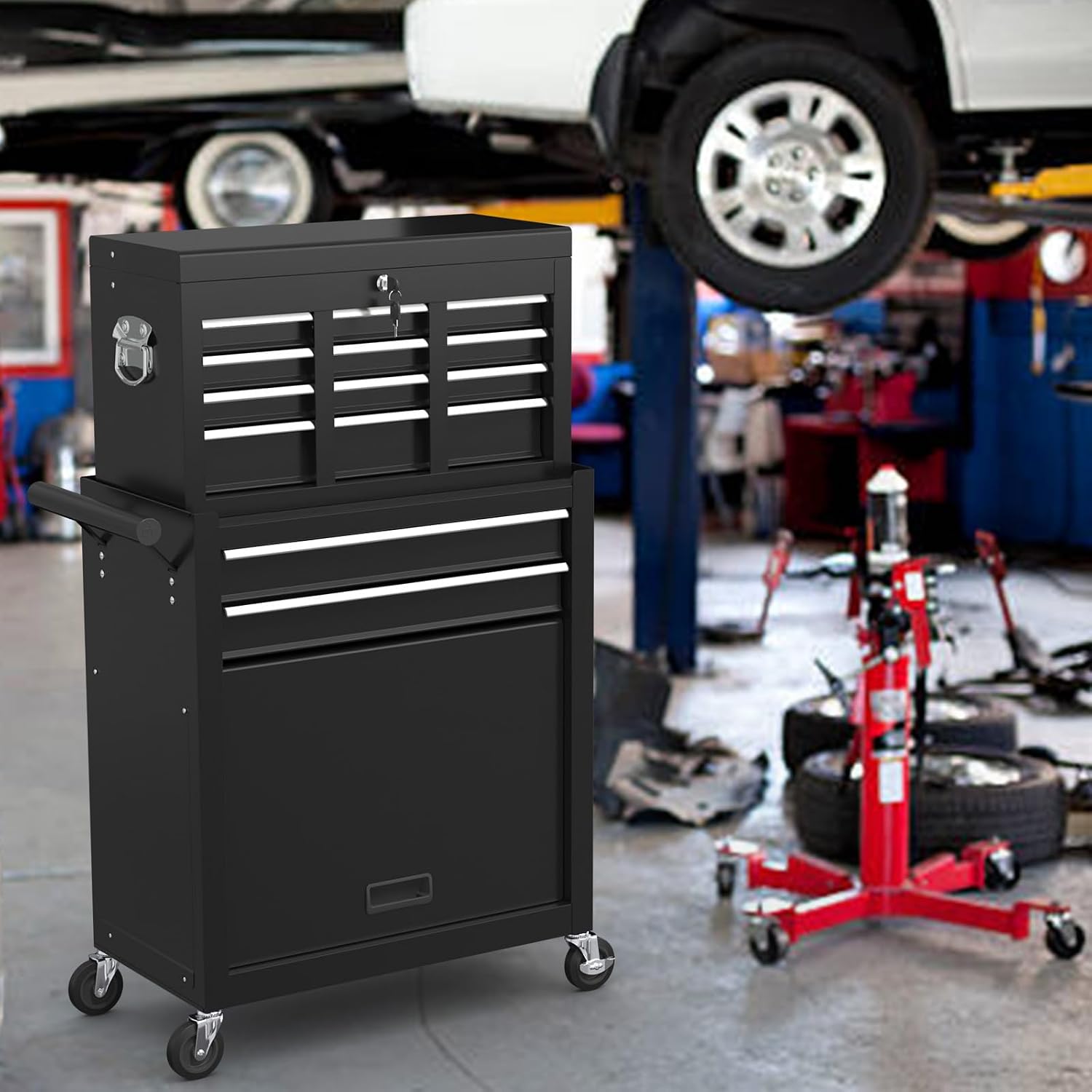 8-Drawer Rolling Tool Chest, High Capacity Removable Tool Storage Cabinet, Detachable Toolbox with Lock for Garage Warehouse and Tool Room (Black)