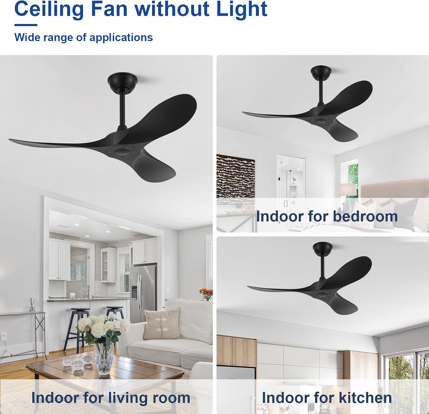 42'' Ceiling Fan No Light with Remote Control,Outdoor Ceiling Fan with DC Reversible and Silent Motor,3 Plastic Blades,Black Fan for Patios,Living Room,Bedroom