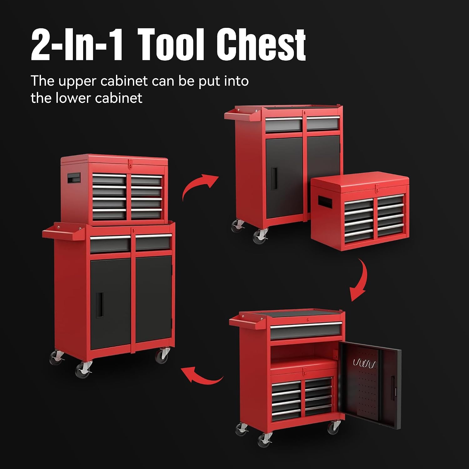 Tool Chest, 5-Drawer Rolling Tool Storage Cabinet with Detachable Top Tool Box, Liner, Universal Lockable Wheels, Adjustable Shelf, Locking Mechanism, Metal Tool Cart for Garage Workshop(red)