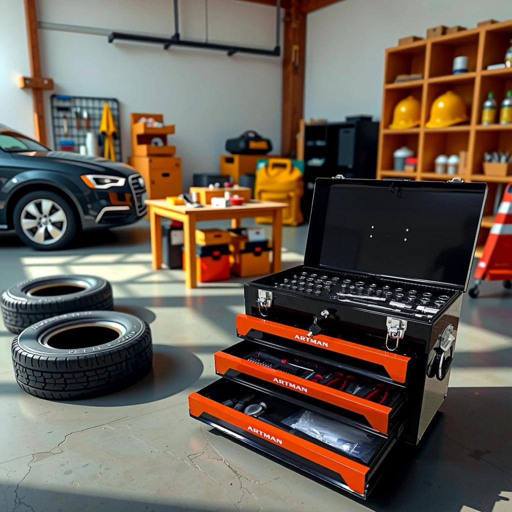 Mini Tool Box, Key Locking System with Tool Set, Portable Steel Tool Box with Drawers, Small Toolbox for Organizing Tools in Garage, Home, Warehouse