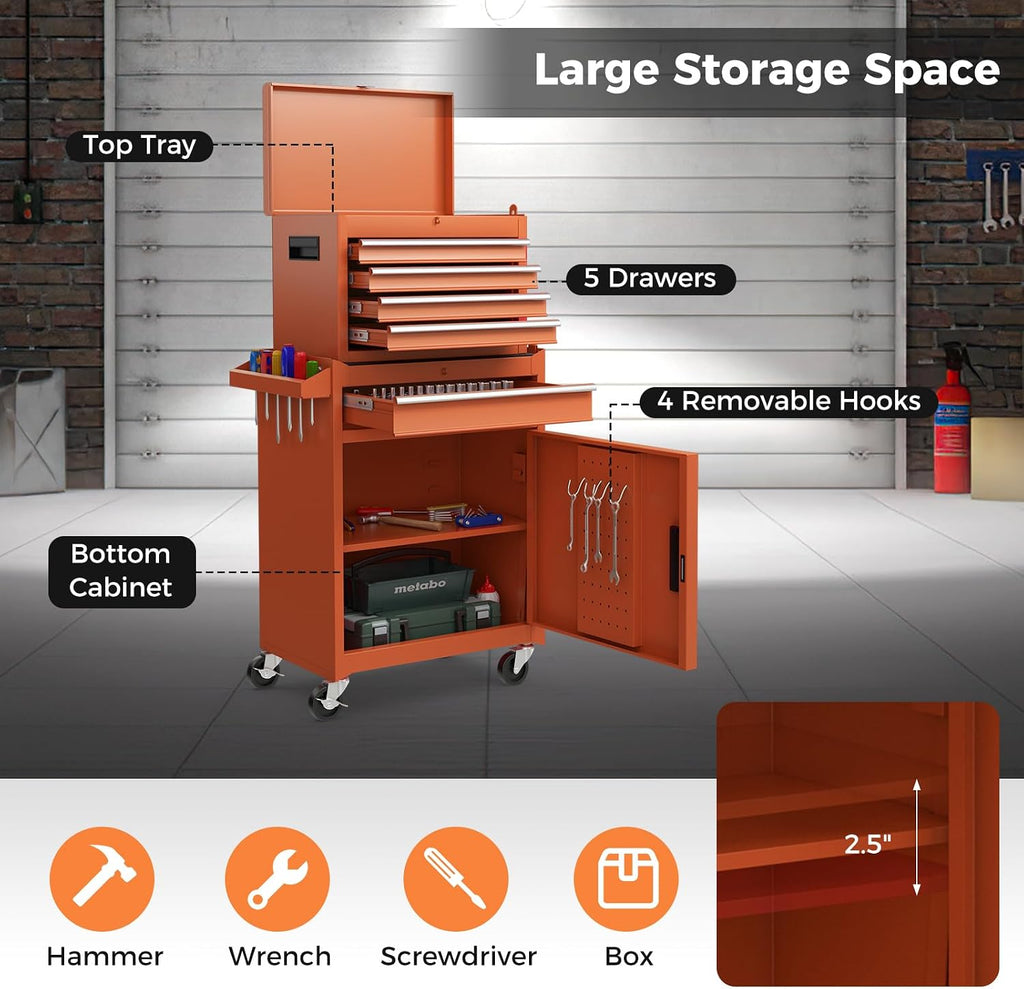 IRONMAX Rolling Tool Chest, 5-Drawer Lockable Tool Cabinet w/Adjustable Shelf & 4 Universal Wheels, 2 in 1 Detachable Tool Box Storage Organizer for Garage Workshop Repair Shop, Orange