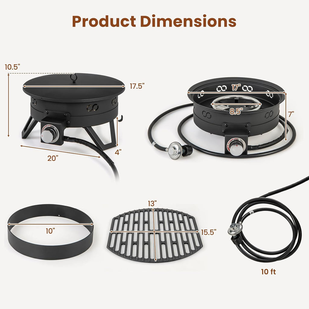 Tangkula 17 Inch Tabletop Propane Fire Pit, 58,000 BTU Gas Firepit with Folding Legs & Removable Grill, Carrying Bag, Lava Rocks & Tank Seat Included, Portable Fire Bowl for Backyard, Camping