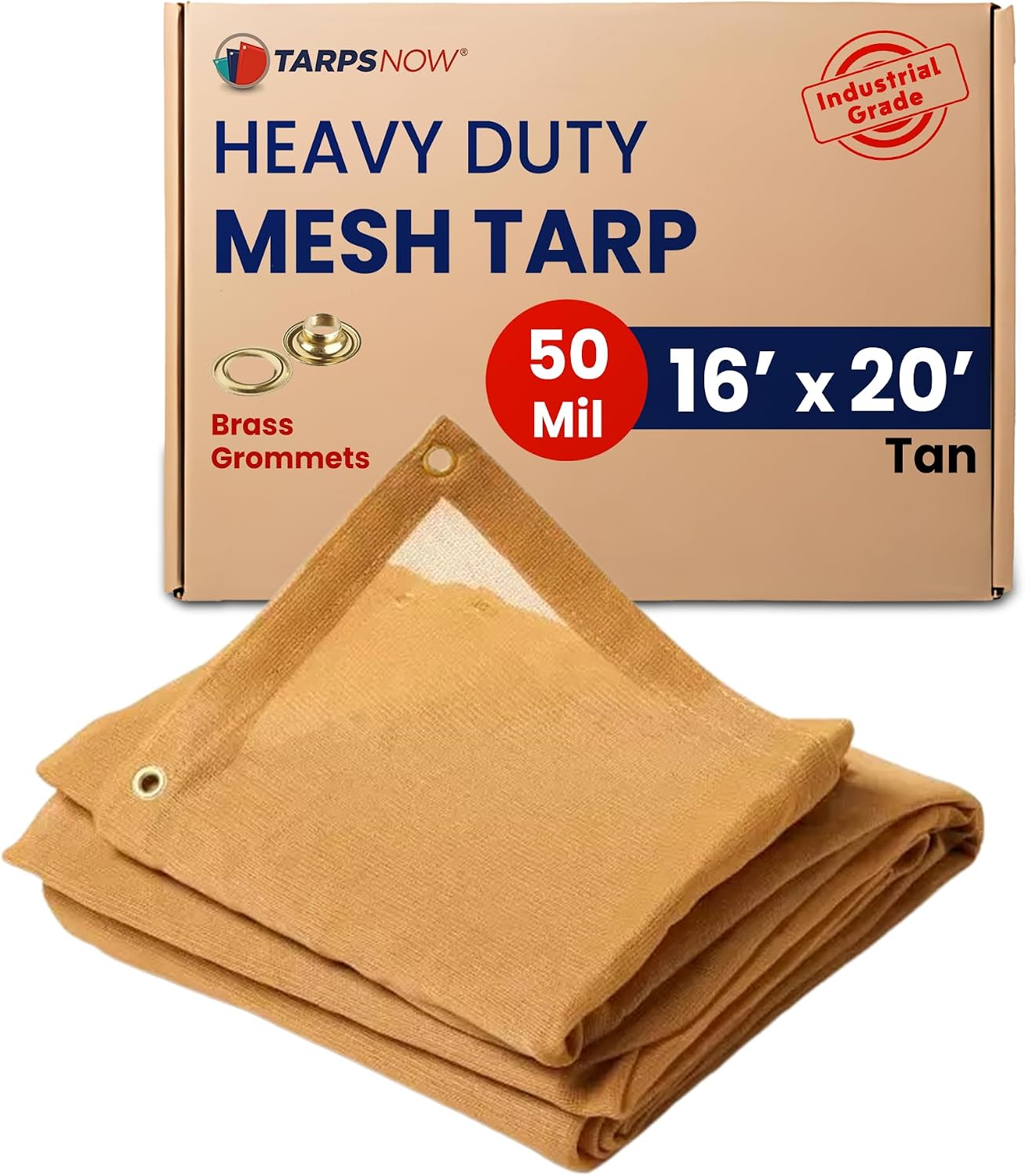 Tarps Now 16' x 20' Tan Mesh Tarp Heavy Duty - 6.8 oz Knitted HDPE - 75% Shade Cloth for Garden, Backyard, Patios - Brass Grommets - UV Resistant Breathable Privacy Screen, Sun Shades Outdoor Patio