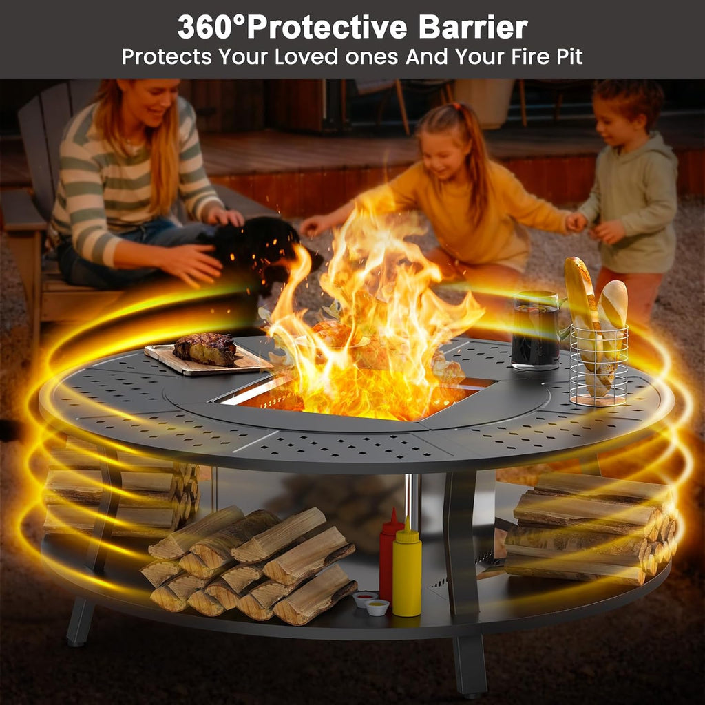 Uniflasy Smokeless Fire Pit and Fire Pit Surround Tabletop, Portable Protective Barrier Equal Width, Safety & Extra Space, 48' Outdoor Tabletop & 17' Smokeless Firepit for Backyard, Camping & Party
