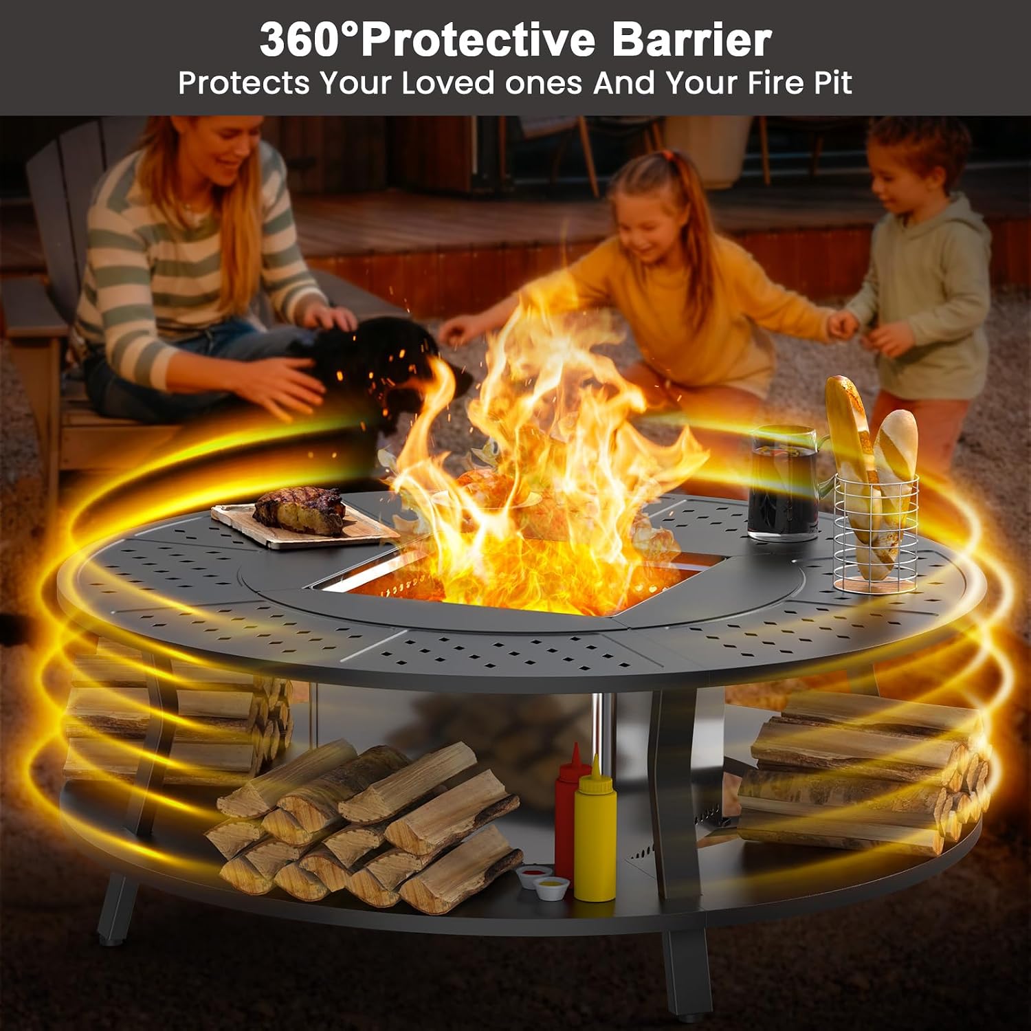Uniflasy Smokeless Fire Pit and Fire Pit Surround Tabletop, Portable Protective Barrier Equal Width, Safety & Extra Space, 48' Outdoor Tabletop & 17' Smokeless Firepit for Backyard, Camping & Party