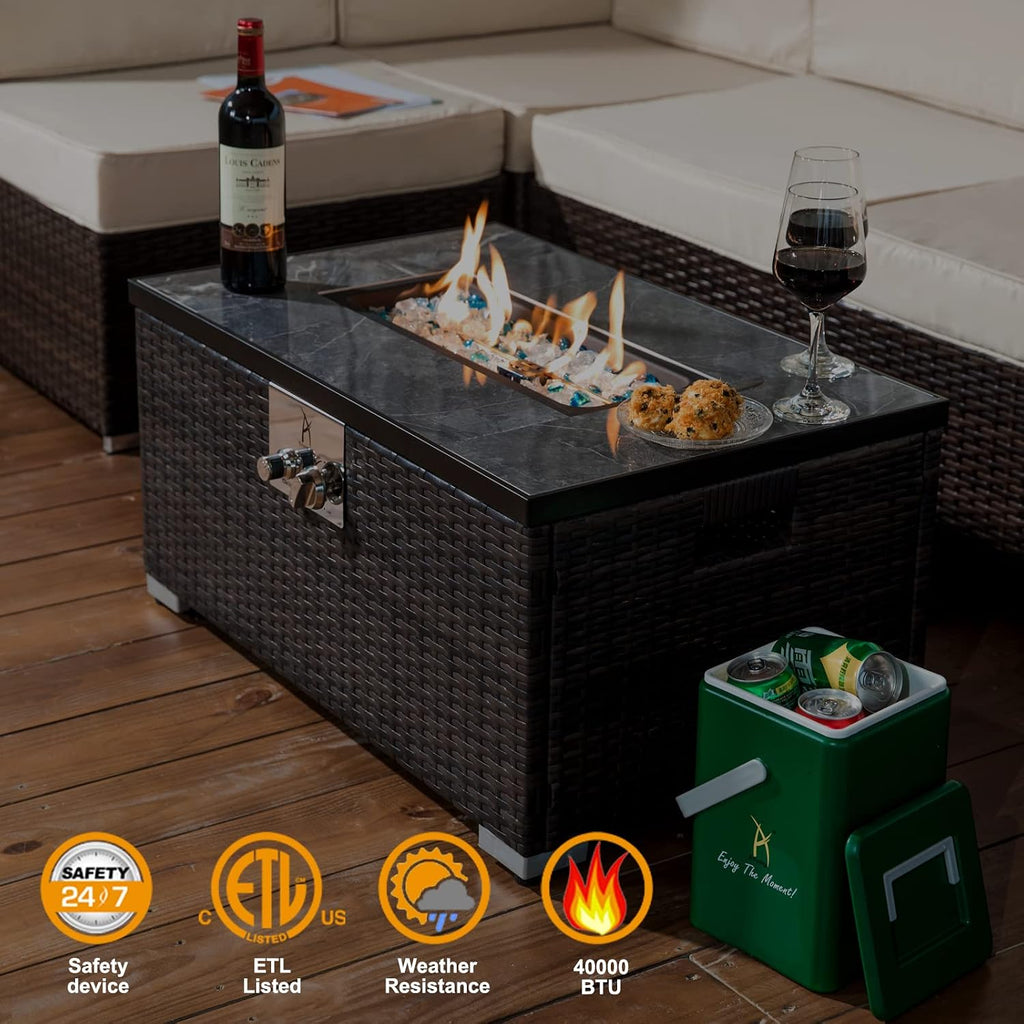32in Gas Fire Pit Table Set, 50,000 BTU Propane Fire Pit Table Outdoor with Rain Cover, Hideaway Tank Holder Fits 20lb Tank, Gas Fire Pit for Outside w/Ceramic Tabletop and lid, Glass Rocks