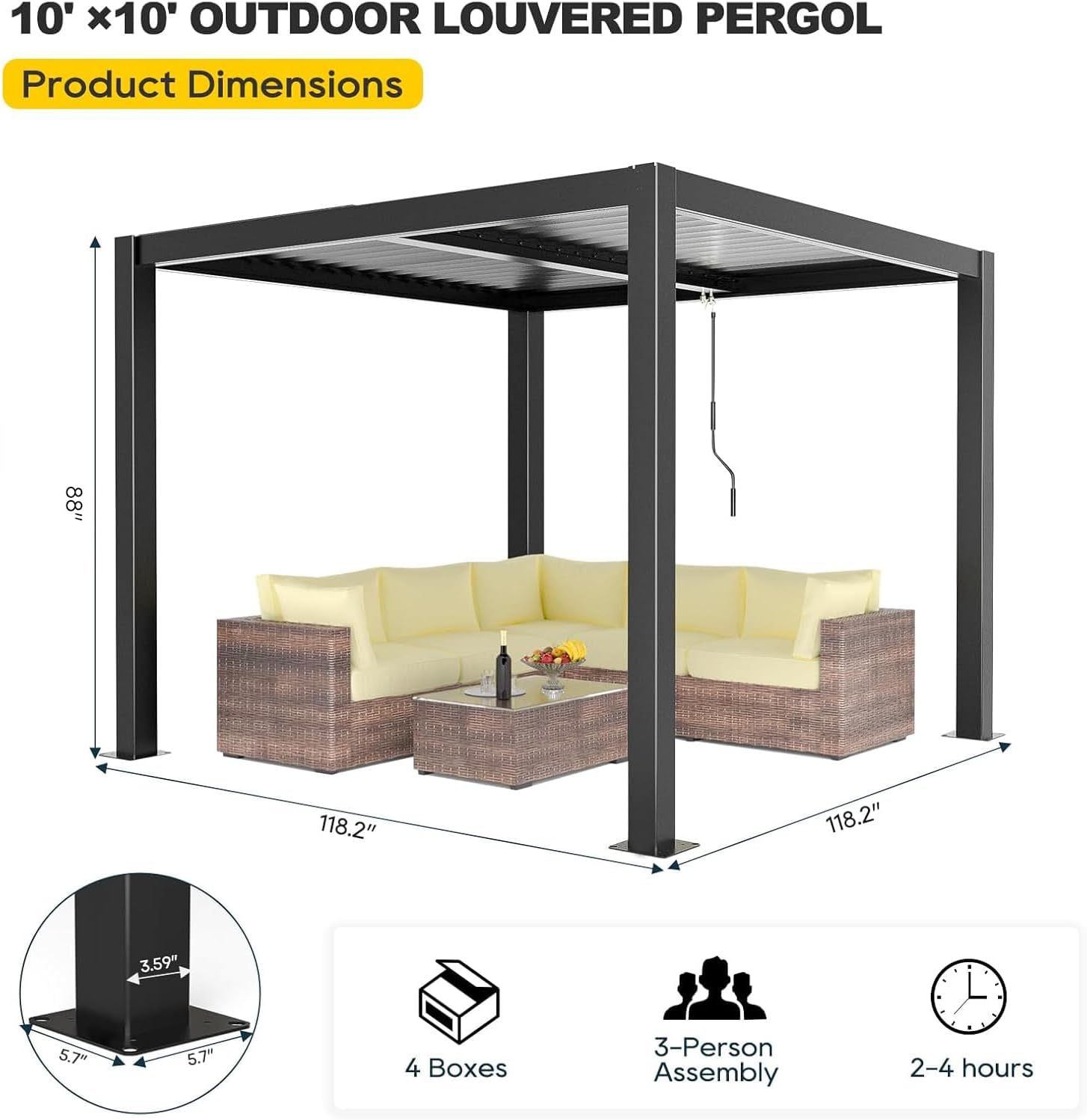 Aluminum Louvered Pergola - 10' x 10' Patio with Adjustable Roof for Outdoor Deck (Black)
