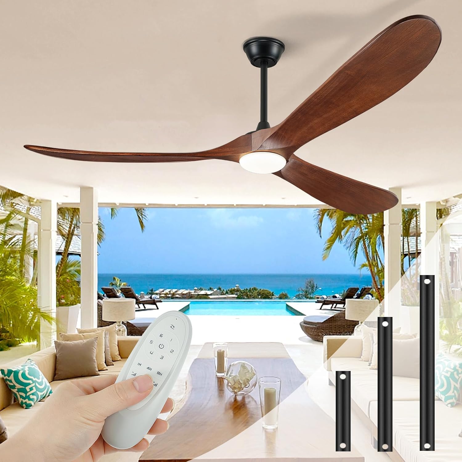 72' Outdoor Ceiling Fans with Lights and Remote Control, Large Ceiling Fan with Lights High CFM Quiet 3 Blades Propeller Wood Ceiling Fan, Outdoor Fan for Patio Porch Gazebo,Deep Walnut