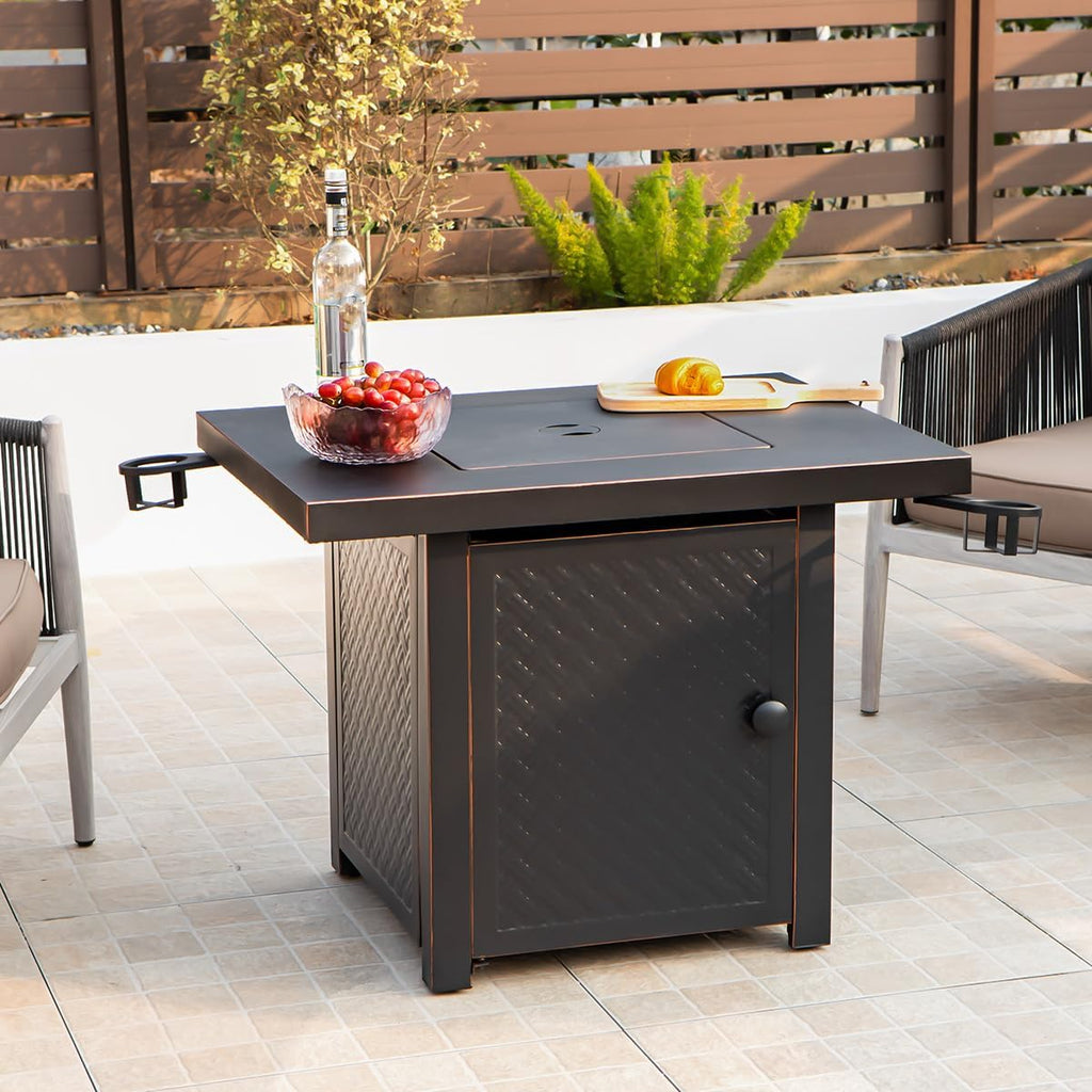 Verdeluxe 32'' Propane Fire Pit,50000 BTU Gas Firepit Table with 2 Drink Holders, Lid & Lava Rock,Outdoor Fire Pit Table for Dining or Party,Propane Firepits for Outside,Patio,Yard