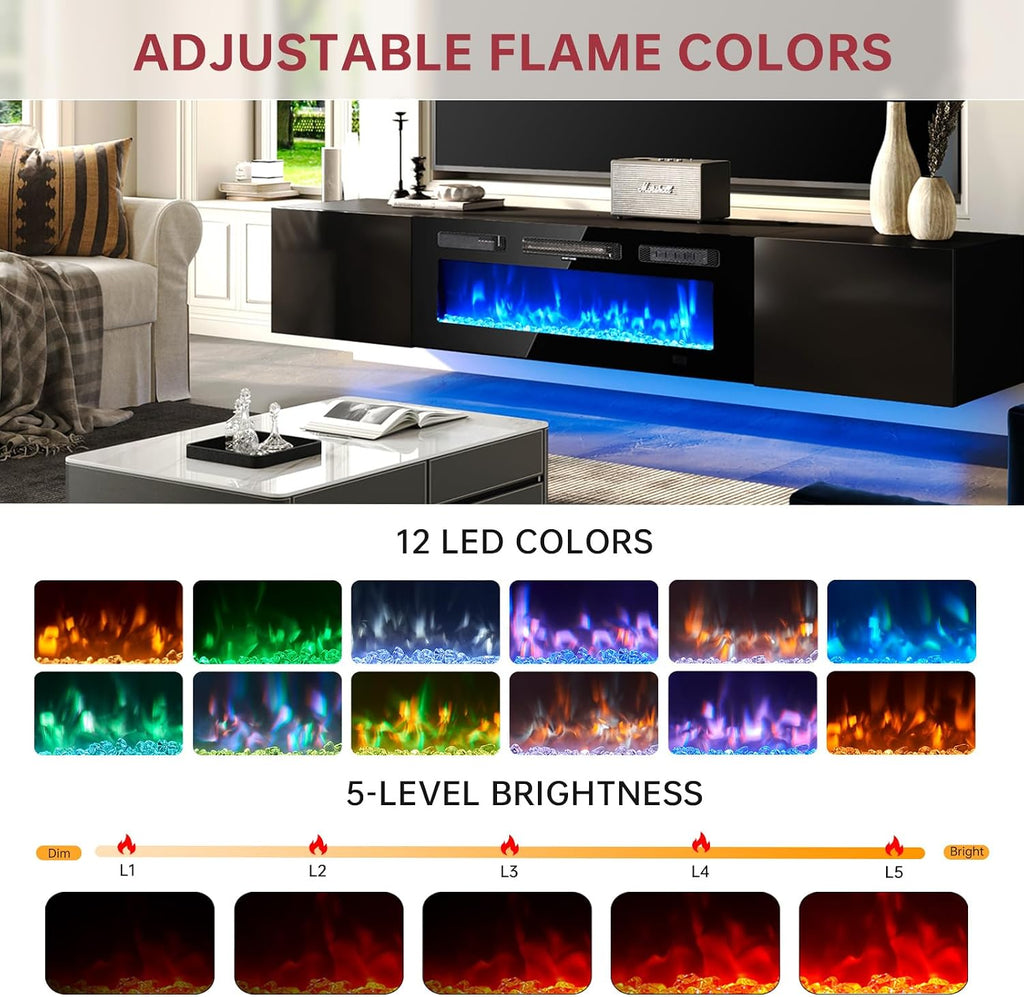 oneinmil 70' Floating TV Stand with 36' Electric Fireplace, Wall Mounted Fireplace Entertainment Center with Storage, Fire Place TV Console for Living Room, All Black