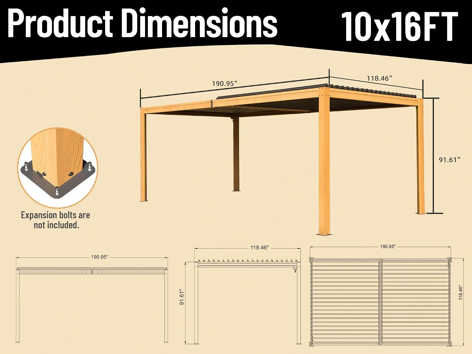 Domi Outdoor Pergola 10' x 16', Aluminum Louvered Pergola with Adjustable Roof, Wood Grain Frame, Efficient Drainage System for Patio, Deck, Garden