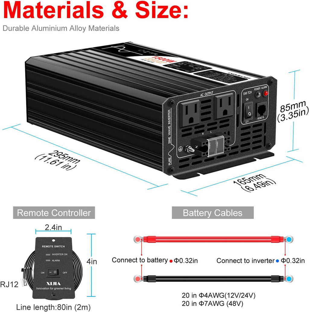 Xijia 1500W Power Inverter，12V to 120V Pure Sine Wave Inverter，Surge 3000W Solar Converter for Truck，Home Backup Solar Systems ，with Bluetooth Remote Control
