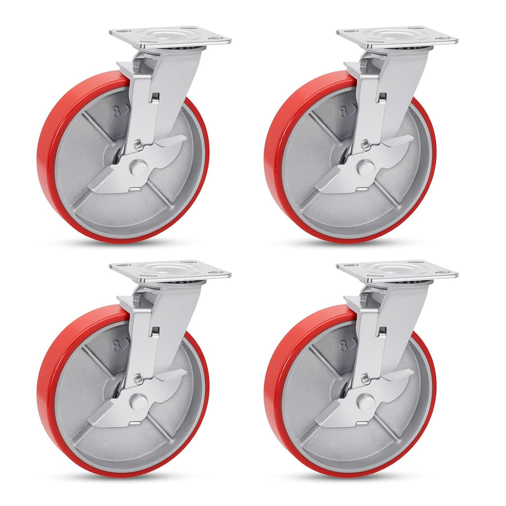 Nefish 8 Inch Industrial Casters Set of 4, Heavy Duty Casters with Brake 6000 Lbs, No Noise Polyurethane Wheel on Steel Hub, Swivel Plate Caster Wheels for Toolbox Workbench (4 Swivel & Brakes)