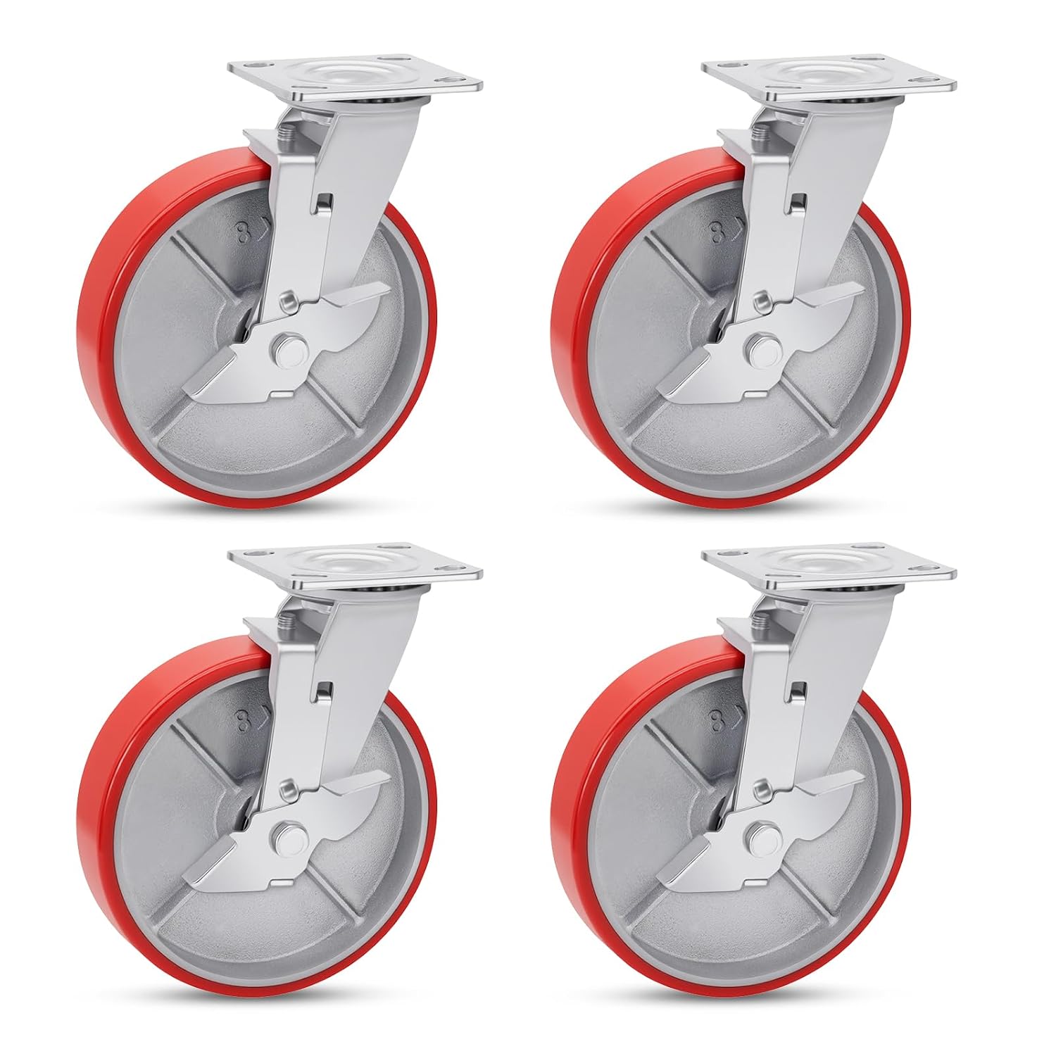 Nefish 8 Inch Industrial Casters Set of 4, Heavy Duty Casters with Brake 6000 Lbs, No Noise Polyurethane Wheel on Steel Hub, Swivel Plate Caster Wheels for Toolbox Workbench (4 Swivel & Brakes)