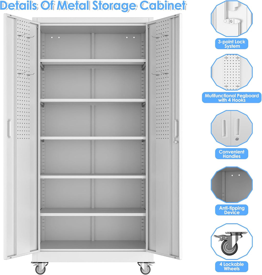Metal Storage Cabinet with Wheels and Pegboard,71' H x 32' W x 16' D Garage Storage Cabinet with 2 Doors and 5 Adjustable Shelves for Garage, Home, Warehouse, Closet, Assembly Required, White
