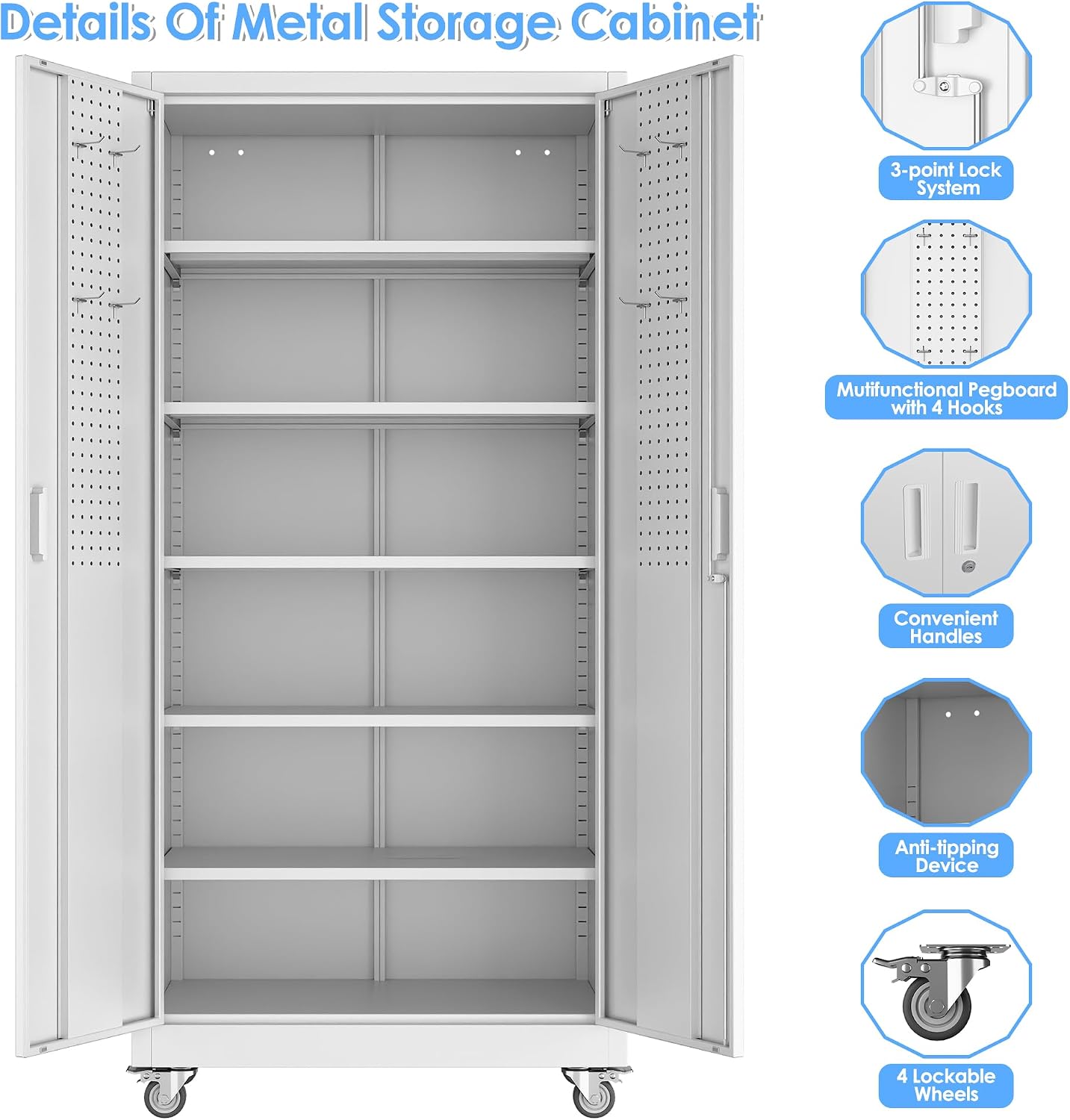 Metal Storage Cabinet with Wheels and Pegboard,71' H x 32' W x 16' D Garage Storage Cabinet with 2 Doors and 5 Adjustable Shelves for Garage, Home, Warehouse, Closet, Assembly Required, White