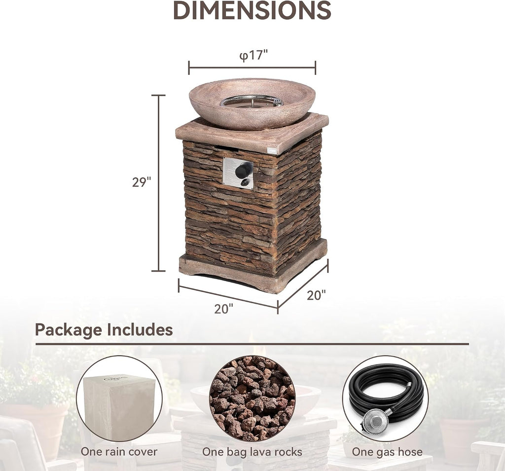COSIEST Outdoor Propane Fire Pit Table w Faux Brown Compact Ledge Stone 20' Square Base and Faux Rose-Marble Round Bowl, Certified, 40,000 BTU, Free Lava Rocks, Fits 20lb Tank Inside, Raincover