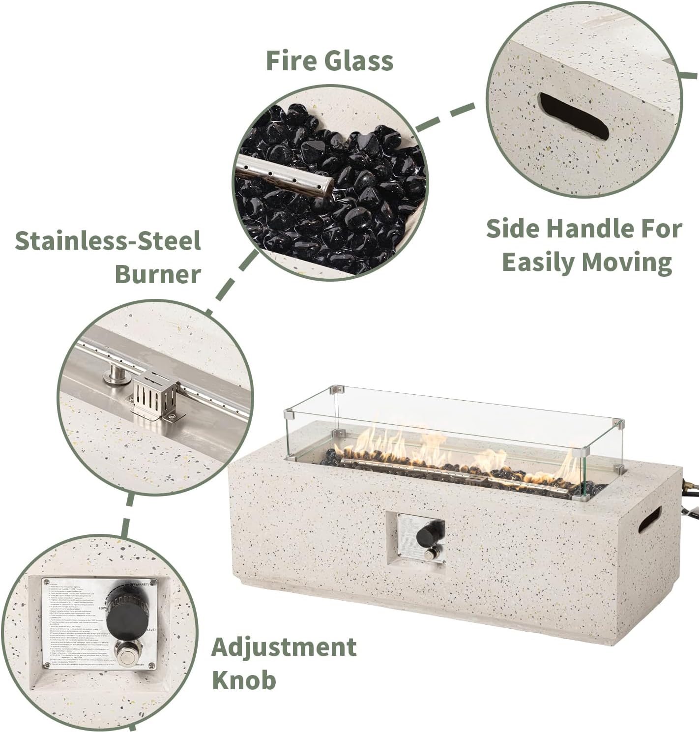 COSIEST 2-Piece Outdoor Propane Fire Pit Table Set w Tank Table, 42-inch Terrazzo Rectangle Fire Table (50,000 BTU) w 16 inches Tank Cover Side Table 20lb, Wind Guard, Black Fire Glass, Rain Cover
