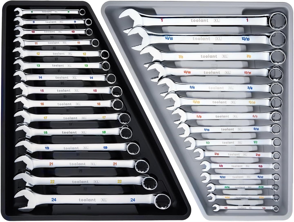 toolant Max Grip 30pcs Professional Metric & SAE Combination Wrench Set with Long Pattern Offset Heads Anti-Slip Teeth & Color-Coded Markings for Machinist, Auto, maintenance, DIYer