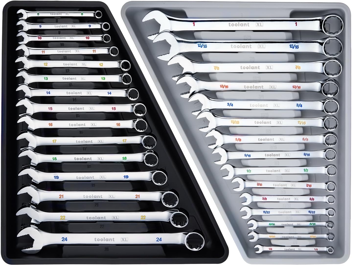 toolant Max Grip 30pcs Professional Metric & SAE Combination Wrench Set with Long Pattern Offset Heads Anti-Slip Teeth & Color-Coded Markings for Machinist, Auto, maintenance, DIYer