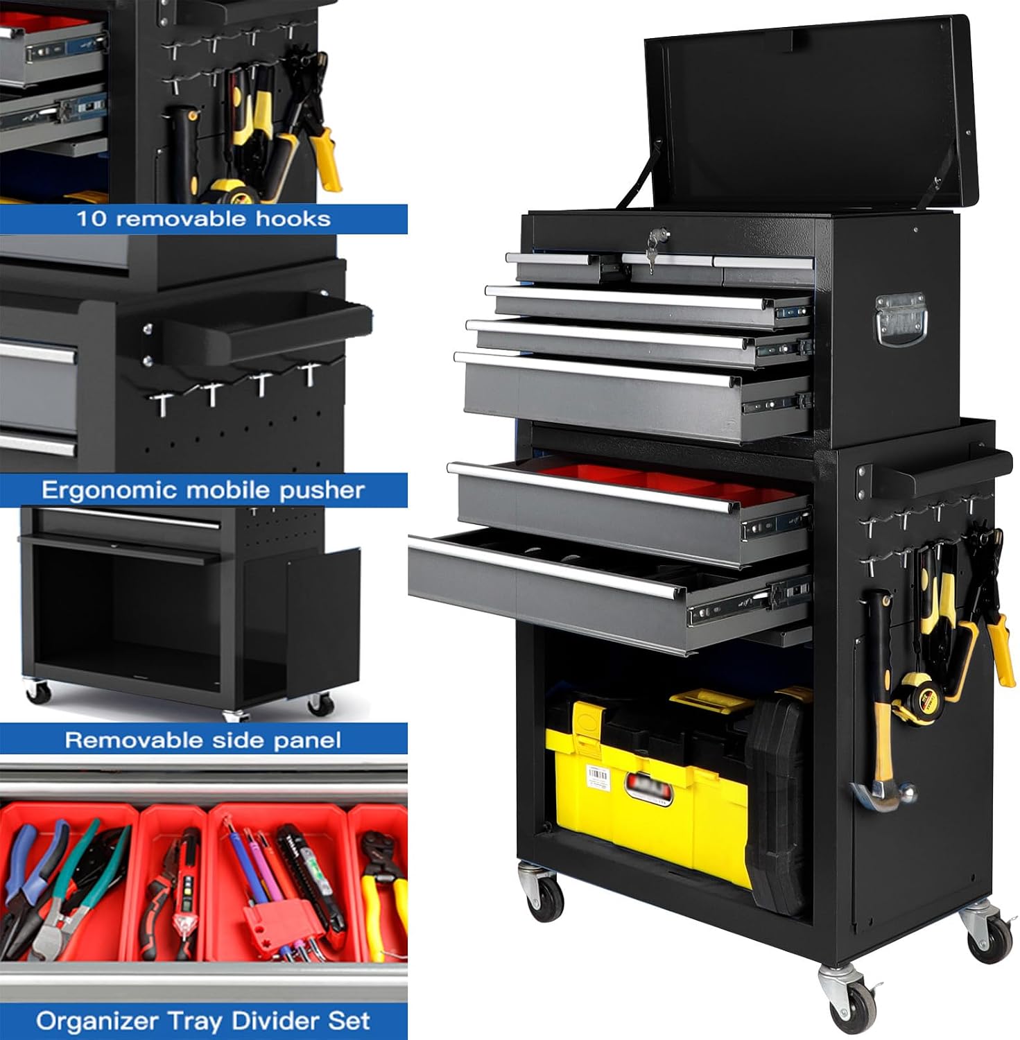 8-Drawer Rolling Tool Chest,42' Large Tool Box with Drawers,Lockable Wheels,2-in-1 Detachable Top Mechanic Tool Storage Box,for Garages, Workshops,Repair Shops (with Parts Box and Hooks)