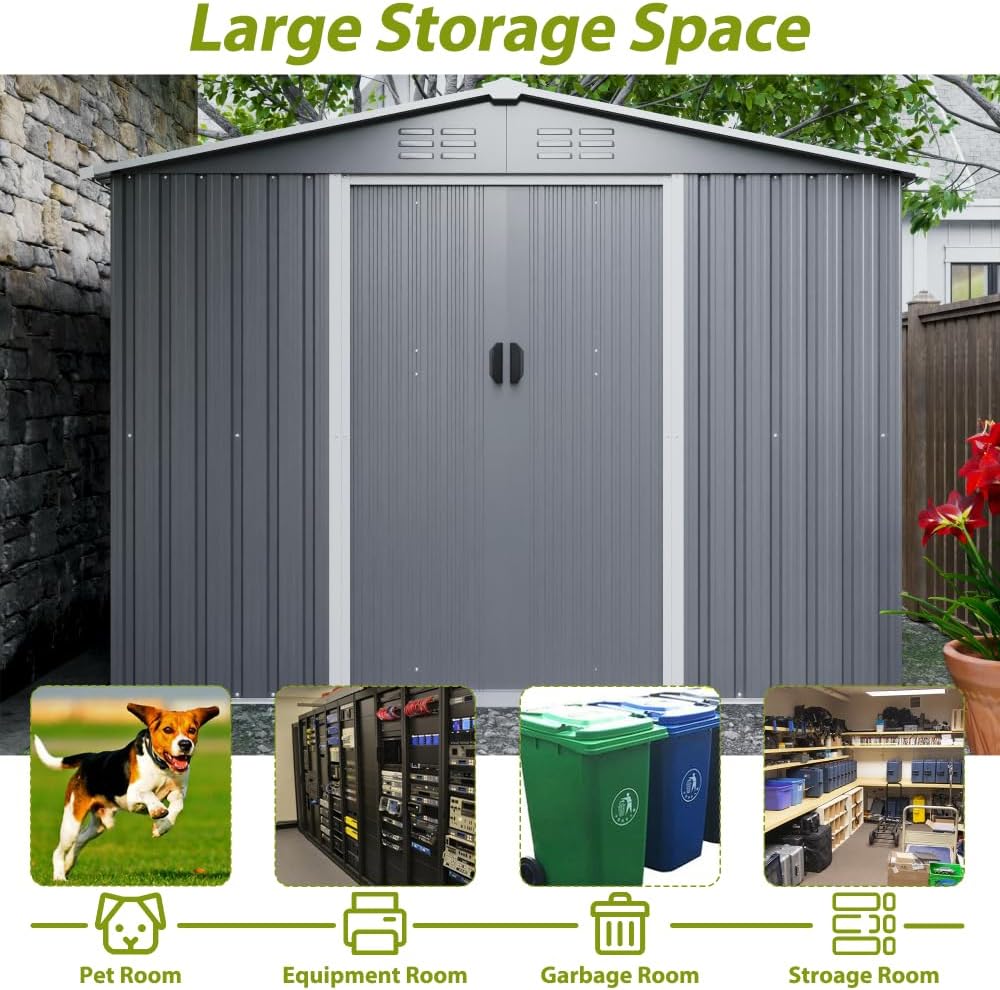Large Outdoor Storage Shed 10x12 FT, Heavy-Duty Metal Garden Tool Organizer with Lockable Doors and Weather-Resistant Roof for Backyard (8x6 ft Grey with Floor Frame)