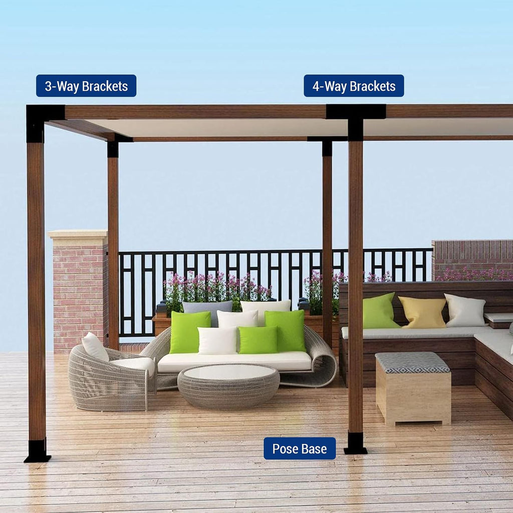 Pergola Bracket Kit 4''x4''(Inner 3.6x3.6), 12pcs (4pcs 3-Way Slanted, 2pcs 3-Way, 6pcs Base) Corner Bracket Woodworks DIY Kit for Gazebos, Patio Pergolas, Log Cabin Outdoor