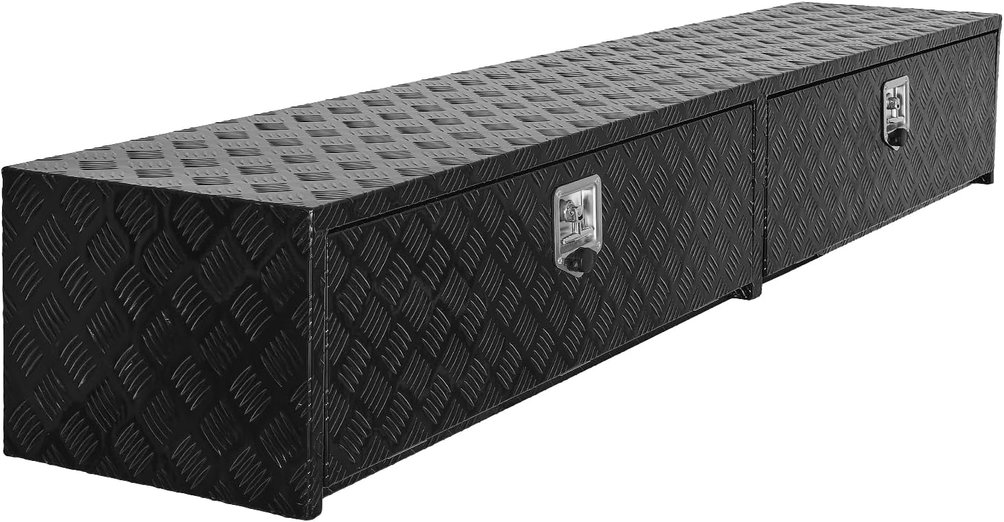 VEVOR Truck Tool Box, 88 x 16 x 13 Inch, Black Aluminum Tread Topsider Toolbox with Dual Drop Doors, Heavy Duty Lockable Storage and Organization Box with Latch, Corrosion-Resistant, for Truck Bed