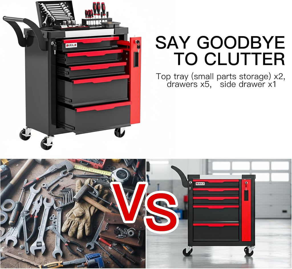 Tool Chest 5-Drawer | Rolling Tool Chest with Wheels/Side Drawer | Drawers Integrated Lockable | Tool Cart/Cabinet with Drawers for Garage Storage,Workshop | Safety Rounded Corner Anti-collision | Red