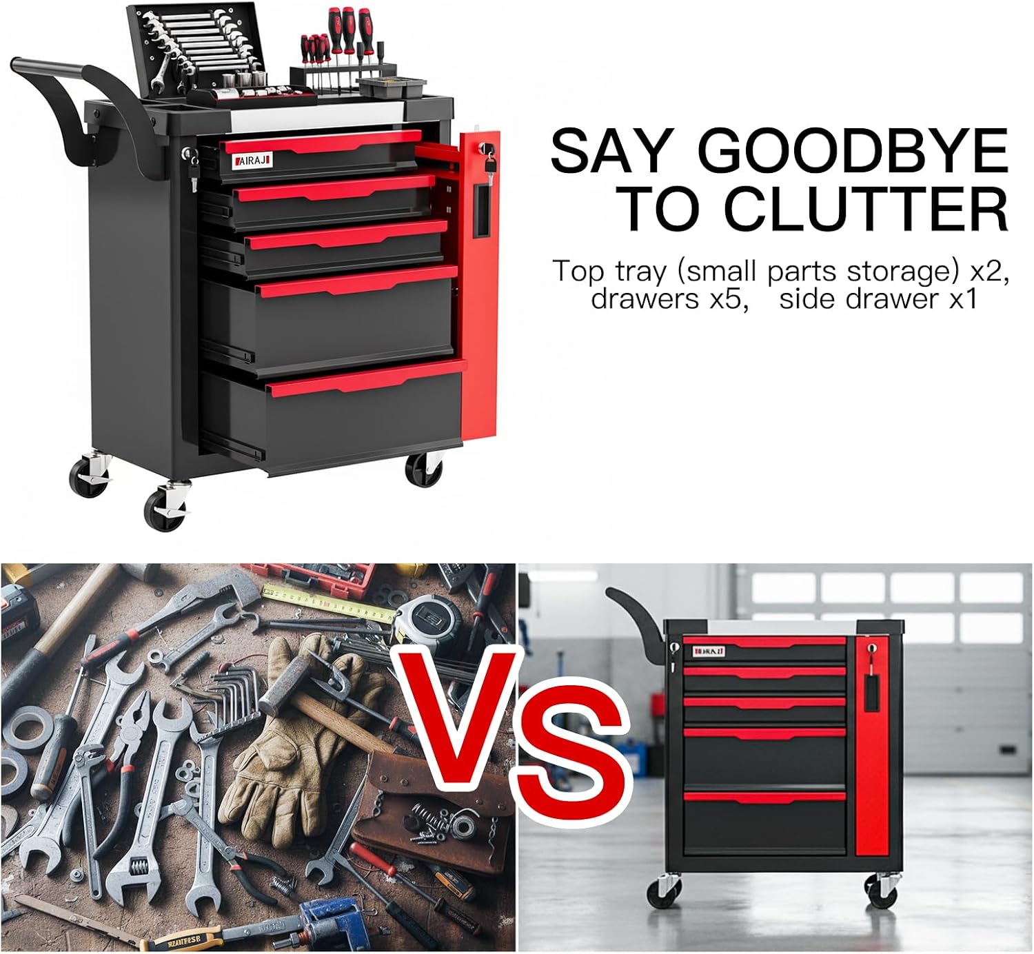 Tool Chest 5-Drawer | Rolling Tool Chest with Wheels/Side Drawer | Drawers Integrated Lockable | Tool Cart/Cabinet with Drawers for Garage Storage,Workshop | Safety Rounded Corner Anti-collision | Red