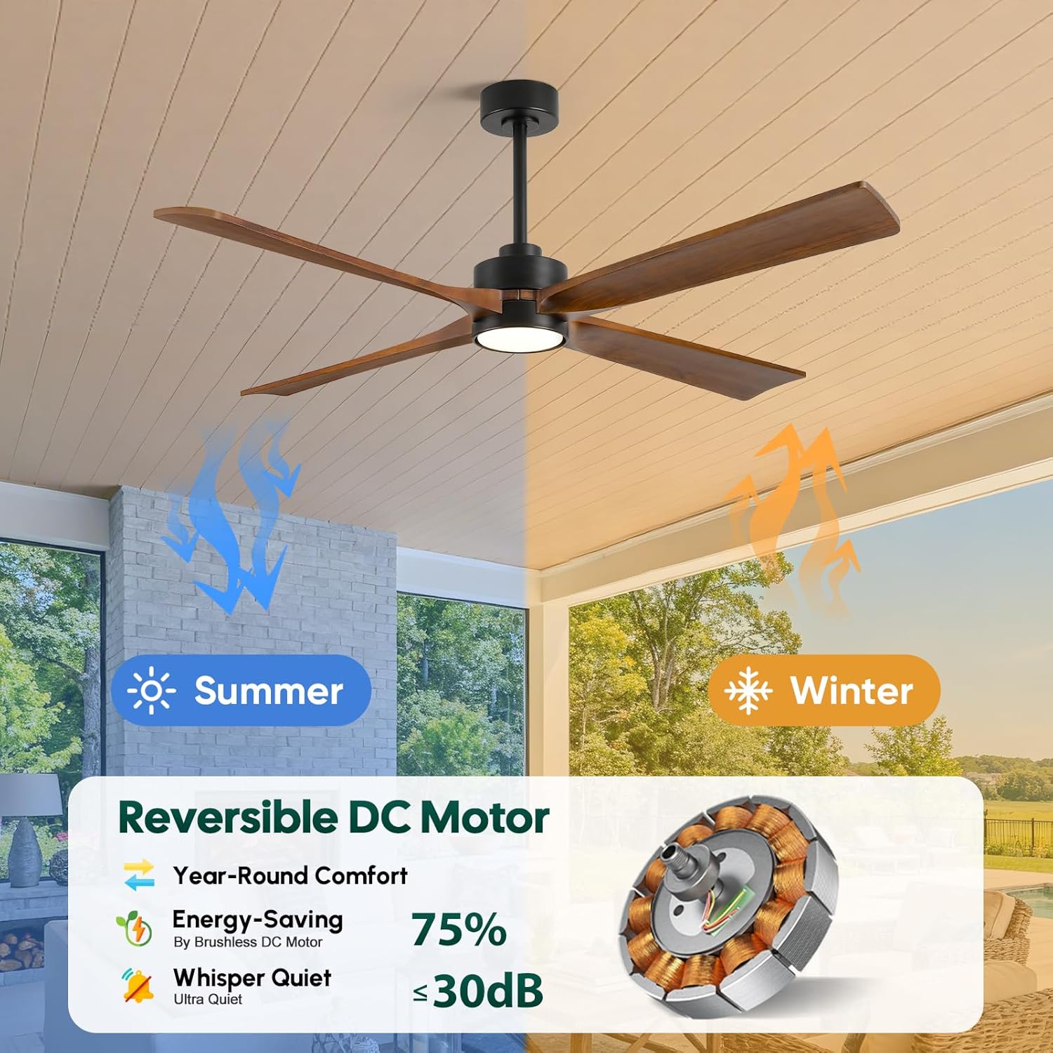 42 Inch Smart Outdoor Ceiling Fan with Light, Alexa/App/Remote Control, Damp Rated for Patio Porch, Brown Solid Wood Blades, Quiet Reversible DC Motor, Rustic Farmhouse Style for Indoor Bedroom