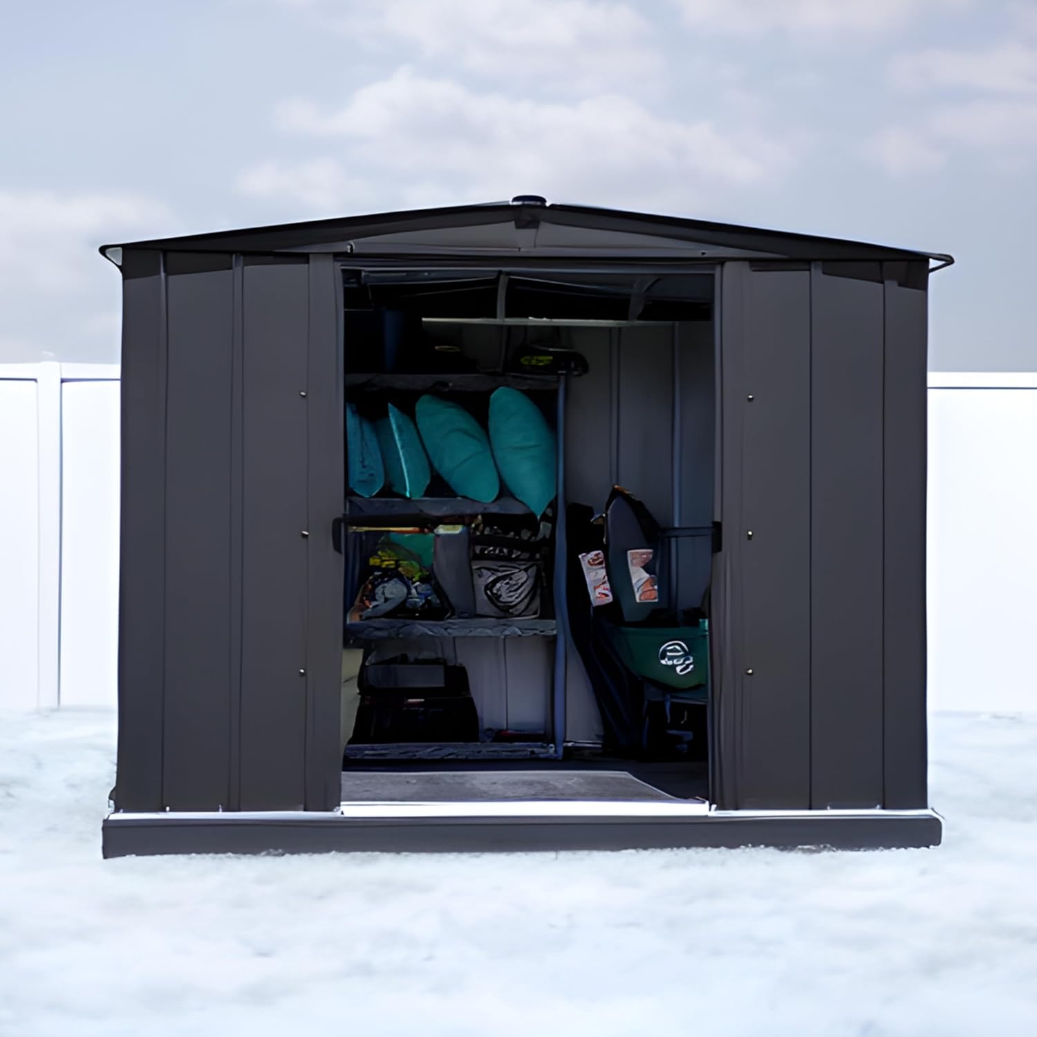 8x8 Metal Outdoor Galvanized Steel Storage Shed with Sliding Double Lockable Doors for Backyard or Patio Storage of Bikes, Grills, Supplies, Tools, Toys, for Lawn, Garden, and Camping, Dark Grey