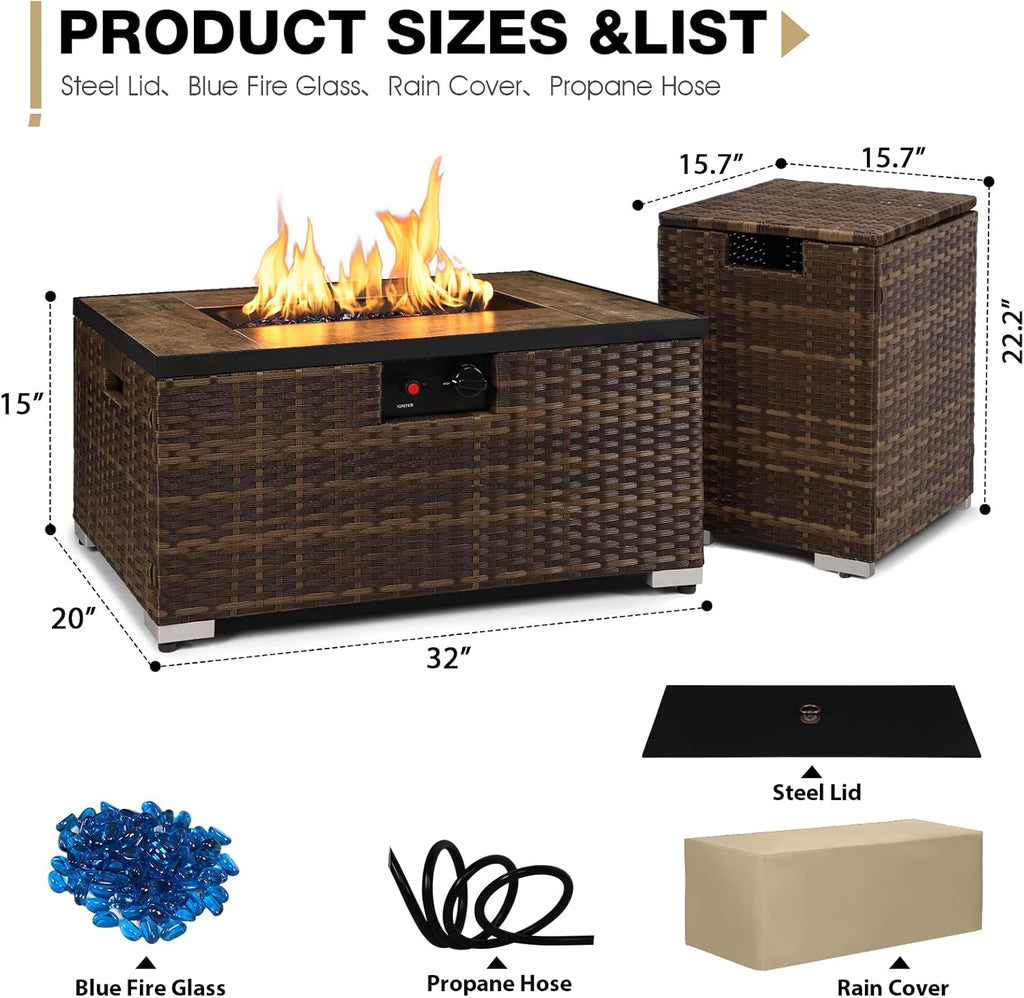 2-Piece Rattan Wicker Propane Fire Pit Table w/Tank Holder, Handmade 32-inch Gas Fire Pits for Outside Patio, Ceramic Tabletop with Steel Lid, Lava Rocks 40,000 BTU Rectangle (Brown)